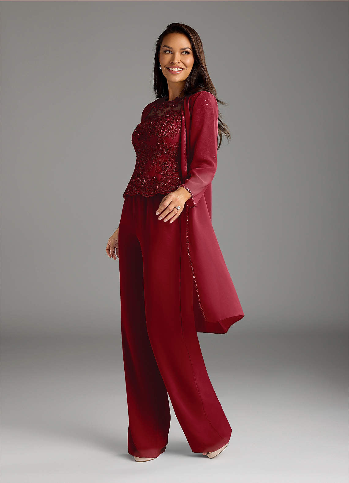 Azazie Florida Abiti per la Madre della Sposa Abito Tuta Pantaloni in Chiffon Lustrini Borgogna image6
