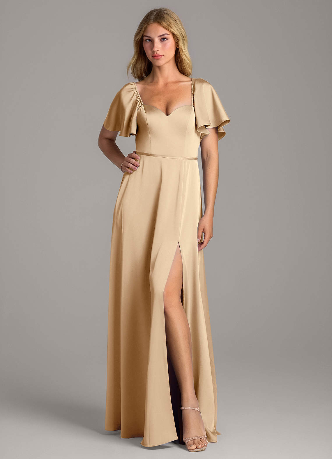 Azazie Chloe Bridesmaid Dresses Champagne A-Line Sweetheart Neckline Stretch Satin Dress image1
