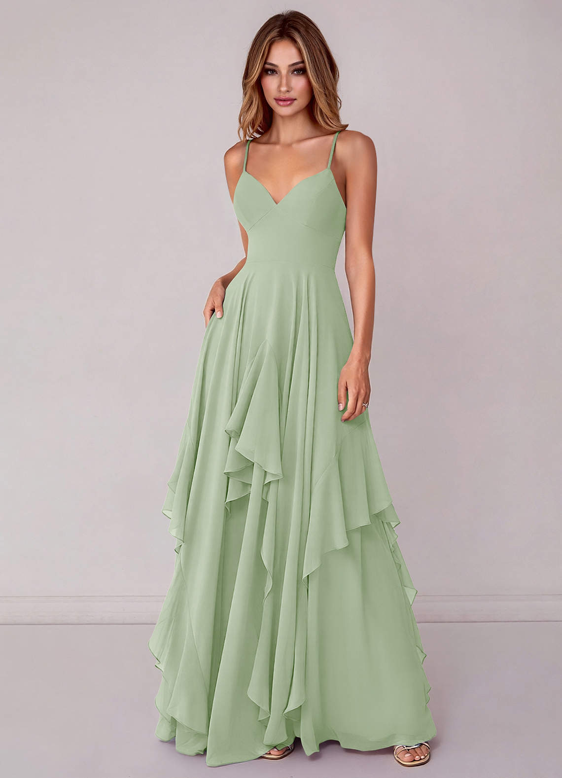 Azazie Zaina Bridesmaid Dresses Dusty Sage A-Line Chiffon Dress image2