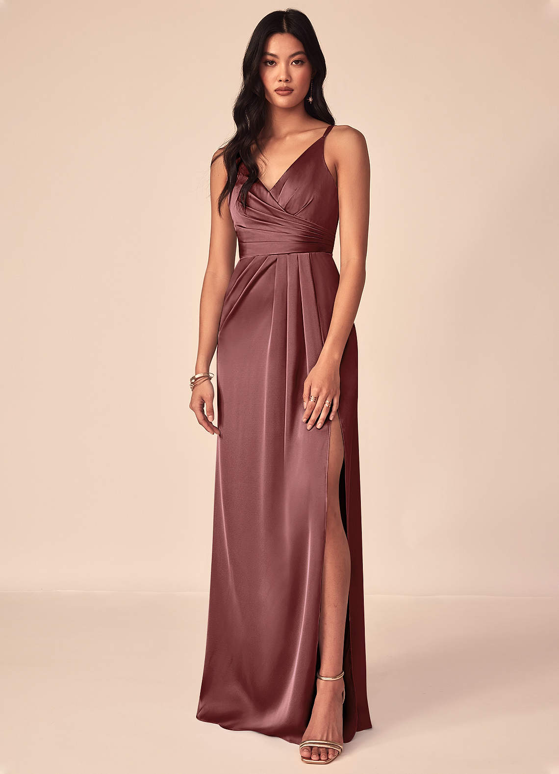 Azazie Aqua Bridesmaid Dresses Amethyst A-Line V-Neck Pleated Stretch Satin Dress image1