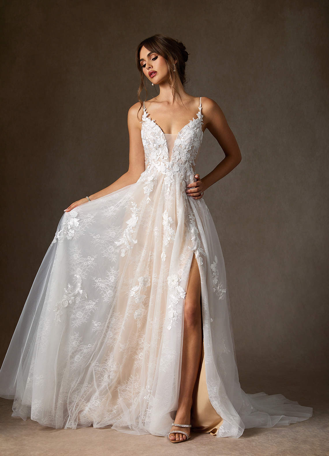 Azazie Monda Wedding Dresses Diamond White Champagne A-Line Lace Tulle Dress image3