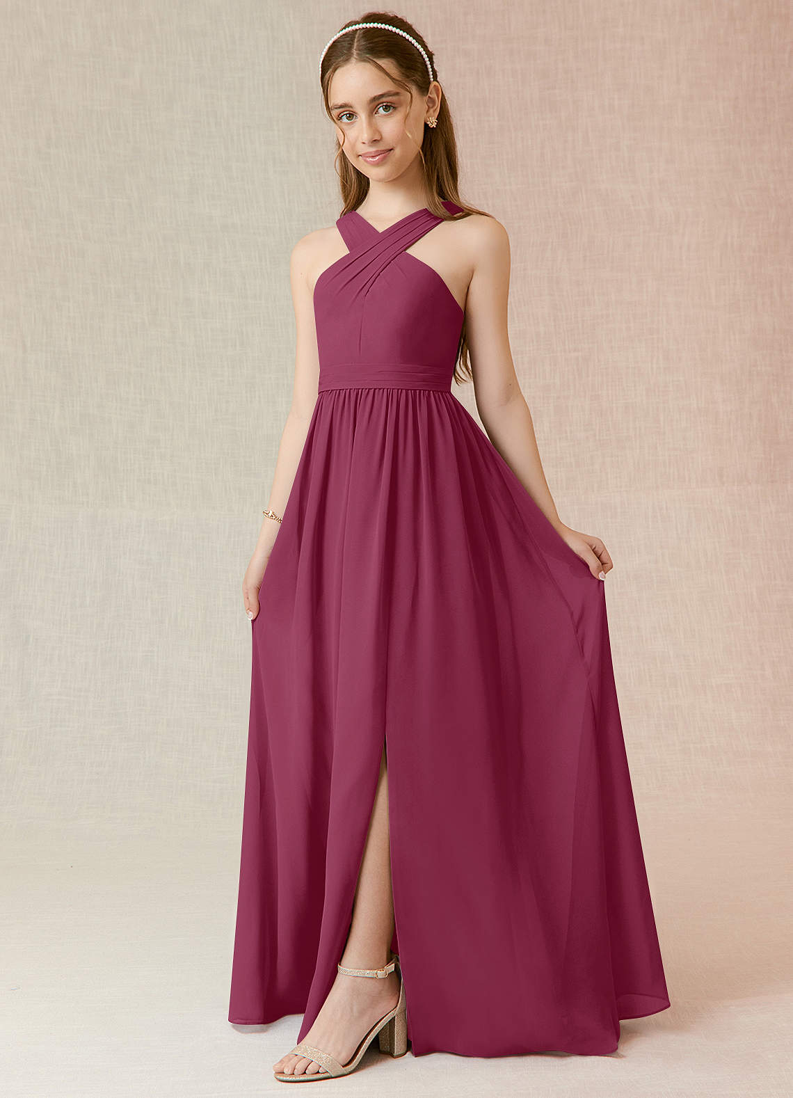 Azazie Jiya Junior Abito A-Line in Chiffon Plissettato Gelso image1