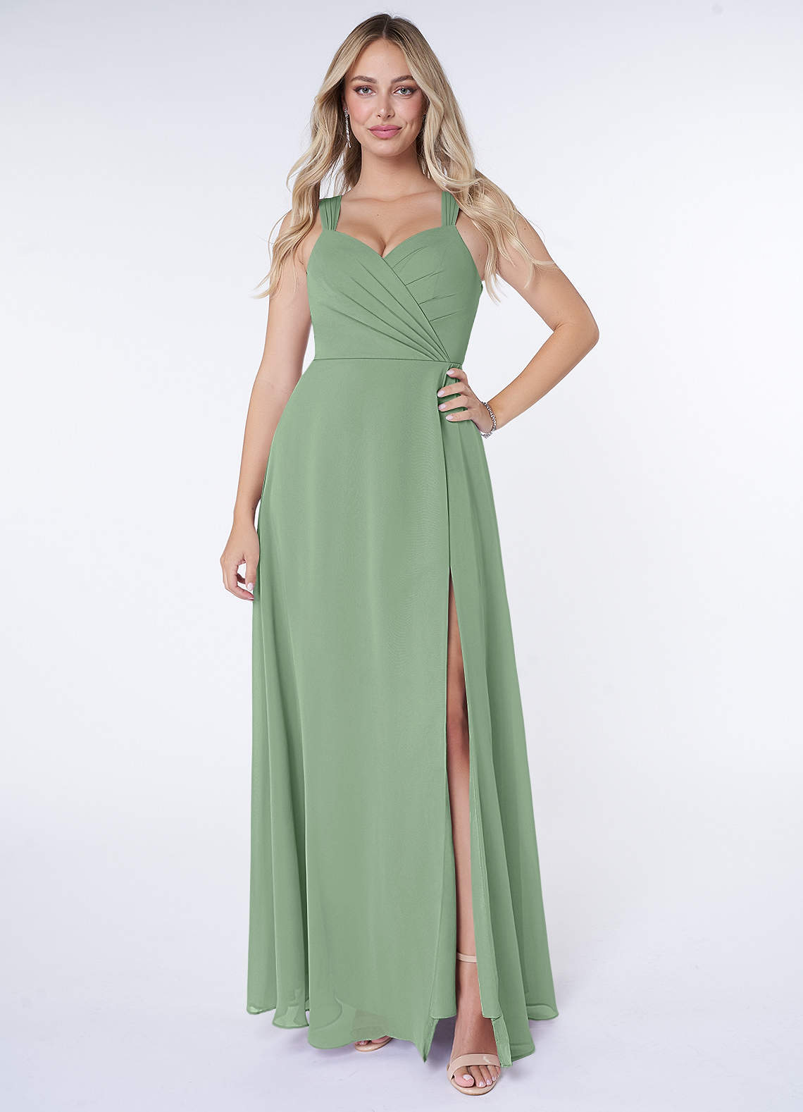 Azazie Nahrin Bridesmaid Dresses Matcha A-Line V-Neck Pleated Chiffon Dress image1