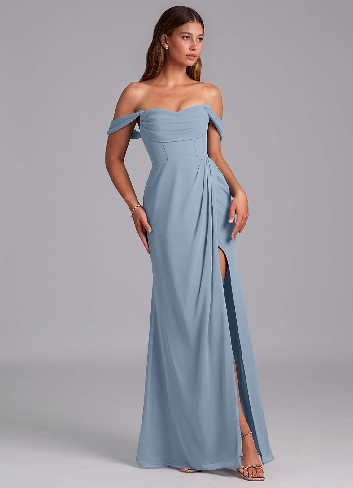 Azazie Johana Bridesmaid Dresses Dusty Blue Mermaid Off the Shoulder Chiffon Convertible Dress image5