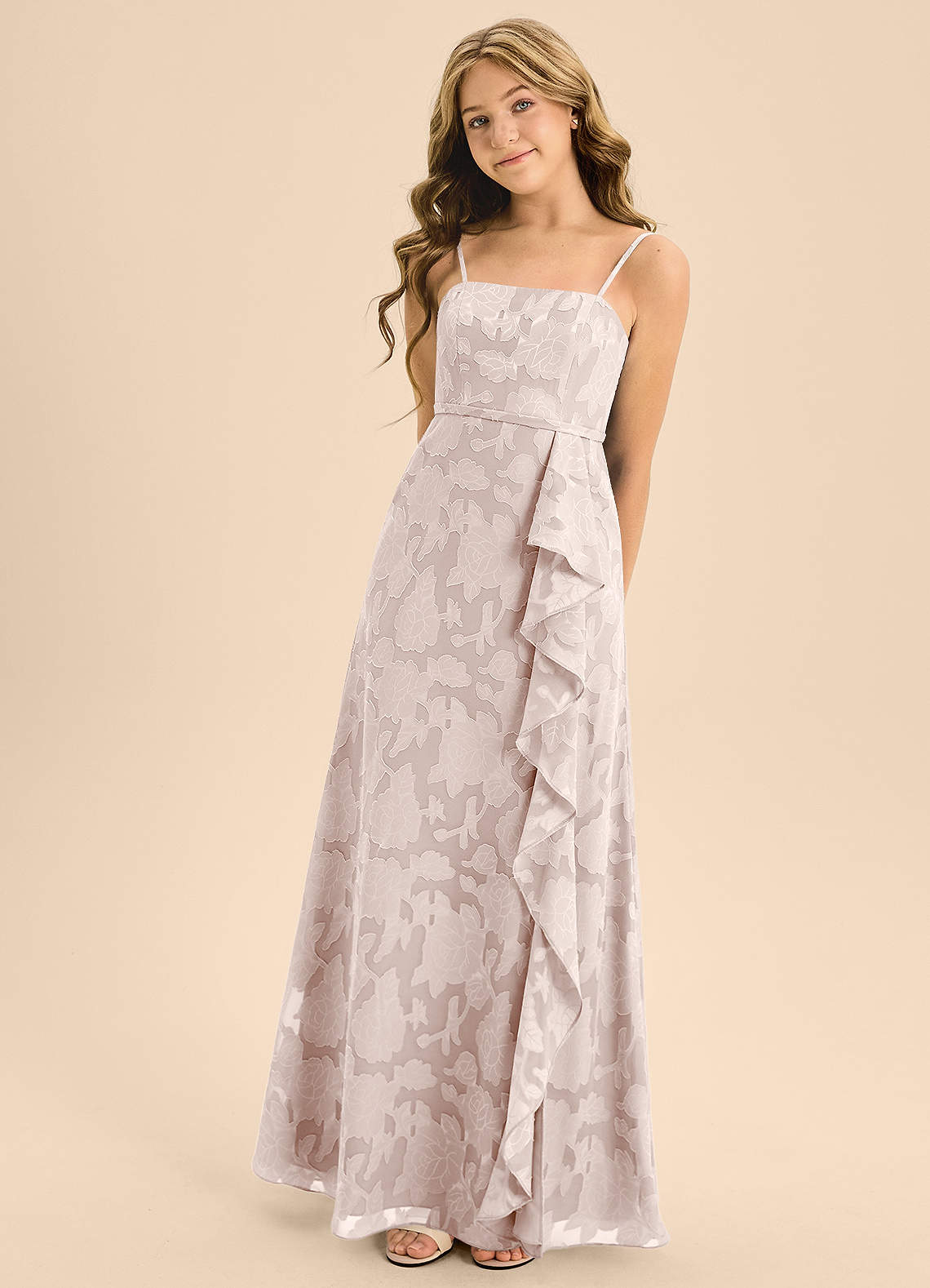 Azazie Kaylee Junior Blushing Pink A-Line with Belt Floral Burnout Dress image1
