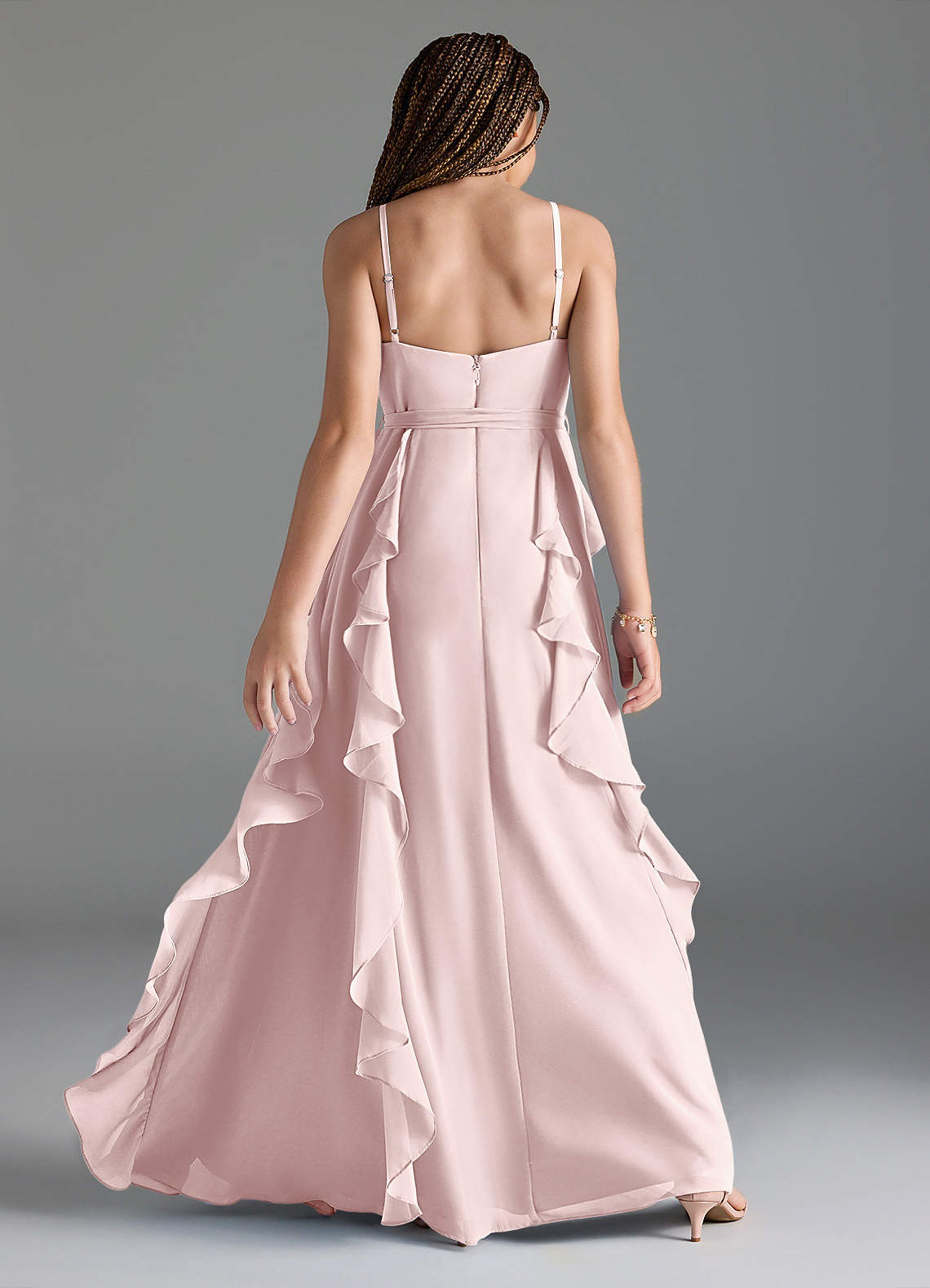 Azazie Peyton Junior Blushing Pink A-Line V-Neck Cascading Ruffles Chiffon Dress image4