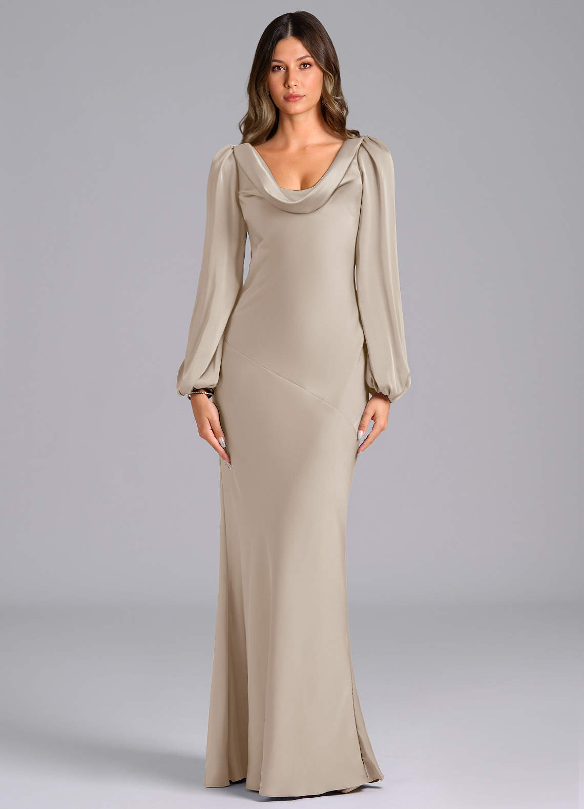 Azazie Rylina Bridesmaid Dresses Frost Mermaid Long Sleeve Stretch Satin Dress image1