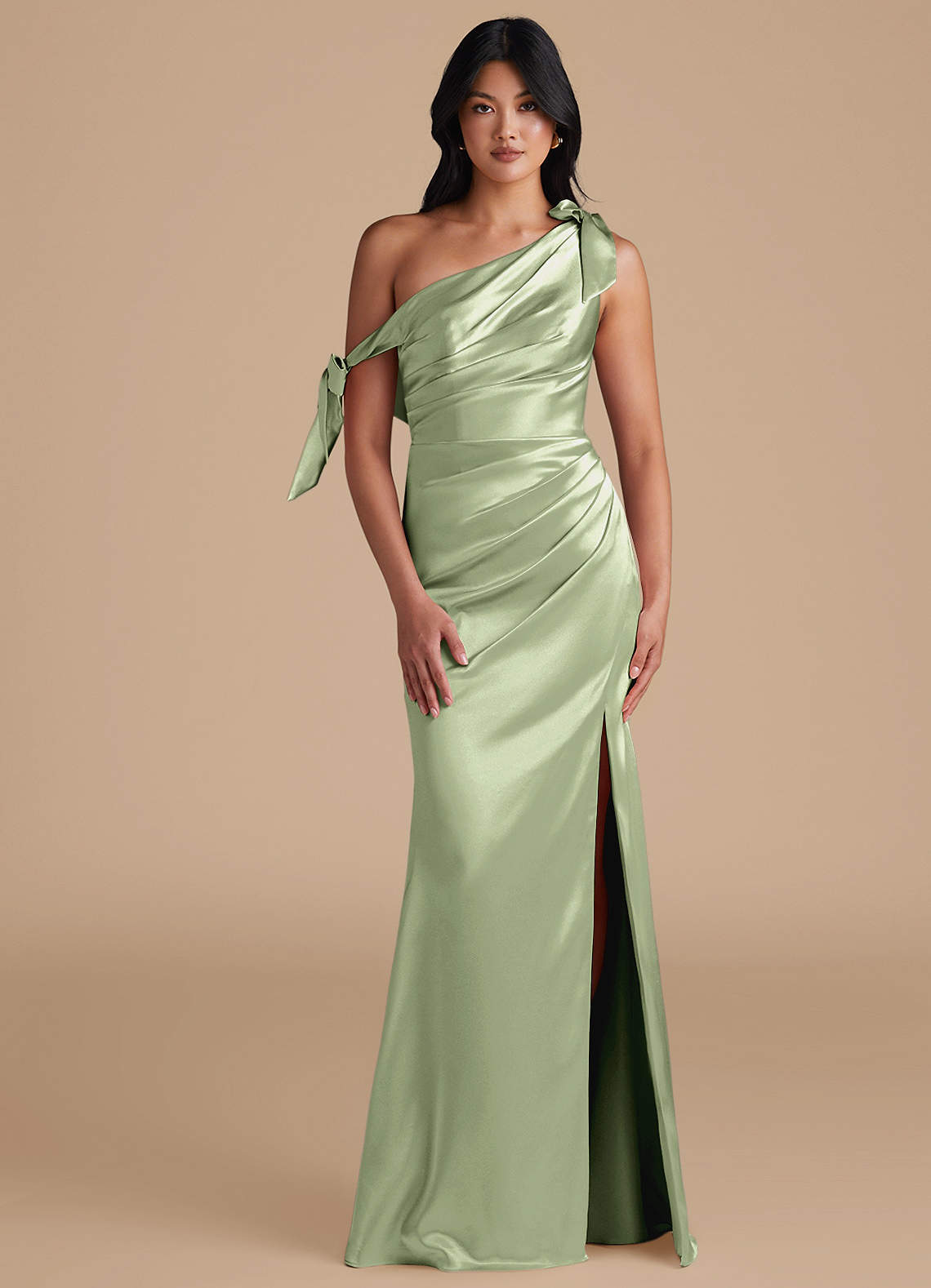 Azazie Xyla Bridesmaid Dresses Dusty Sage Sheath Off the Shoulder Metallic Satin Convertible Dress image1