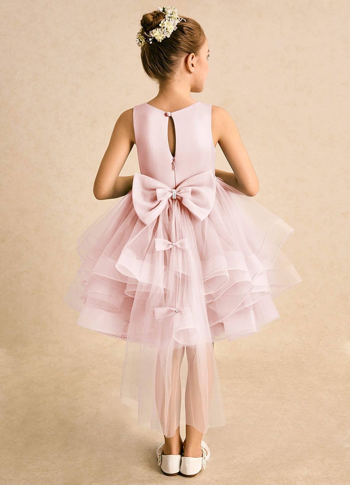 Azazie Tinie Flower Girl Dresses Blushing Pink Ball-Gown Bow Tulle Dress image1