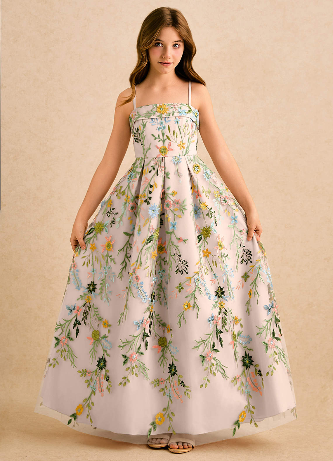 Azazie Lark Girls Formal Robe Demoiselle D'honneur Fillette Robe Trapèze en Dentelle Plissée Rose Pâle image3