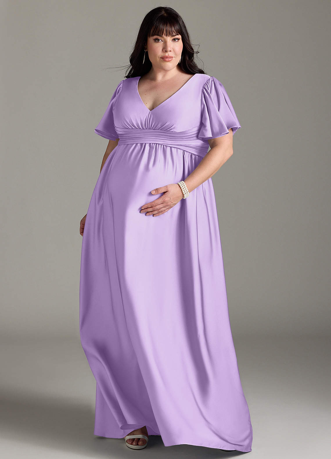 Azazie Verna vestidos de dama de honor de maternidad Vestido de Corte en A Volante Hasta el suelo Satén Elástico image8