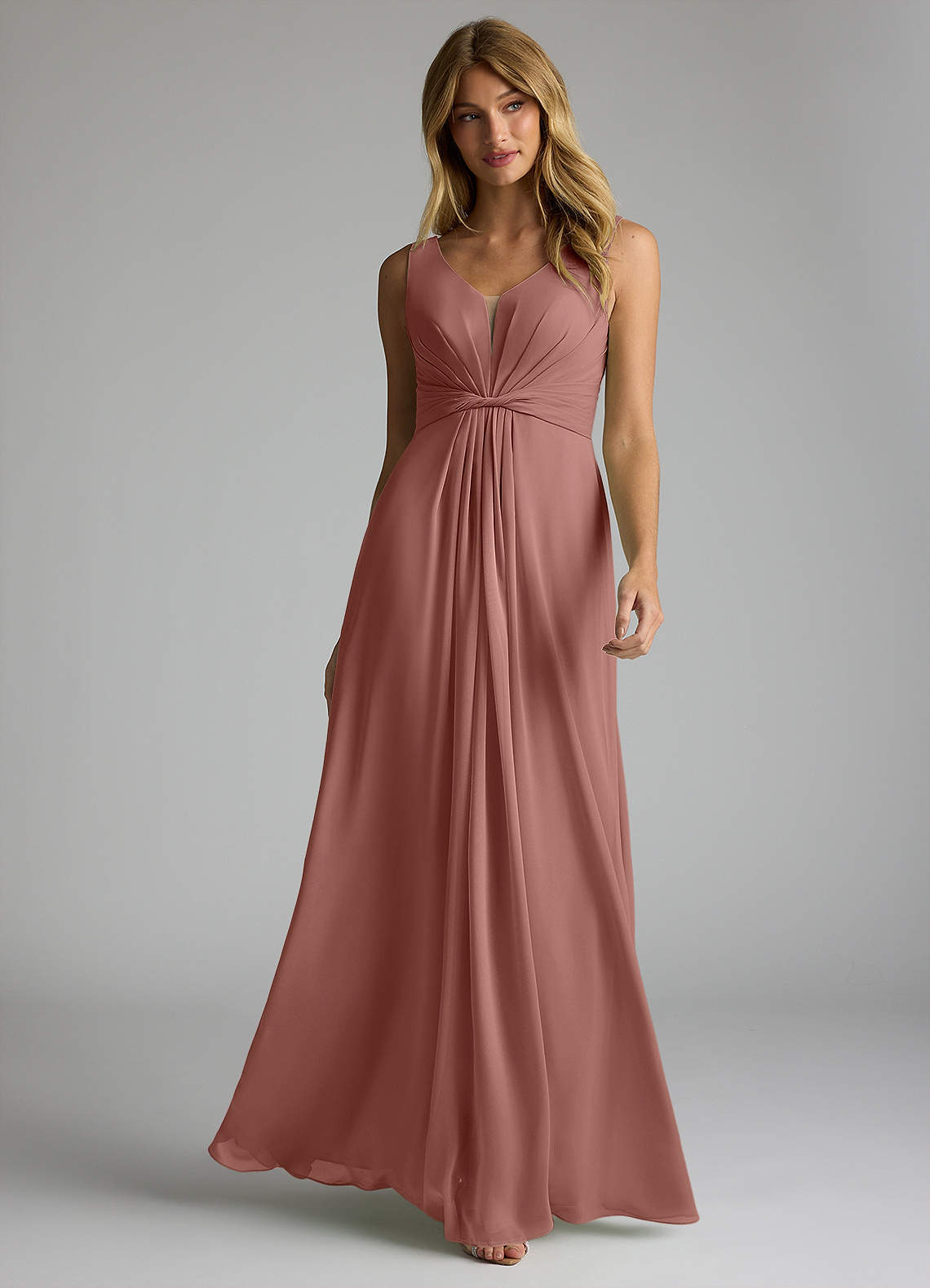 Azazie Gina Bridesmaid Dresses Cedar Rose A-Line V-Neck Pleated Chiffon Dress image1