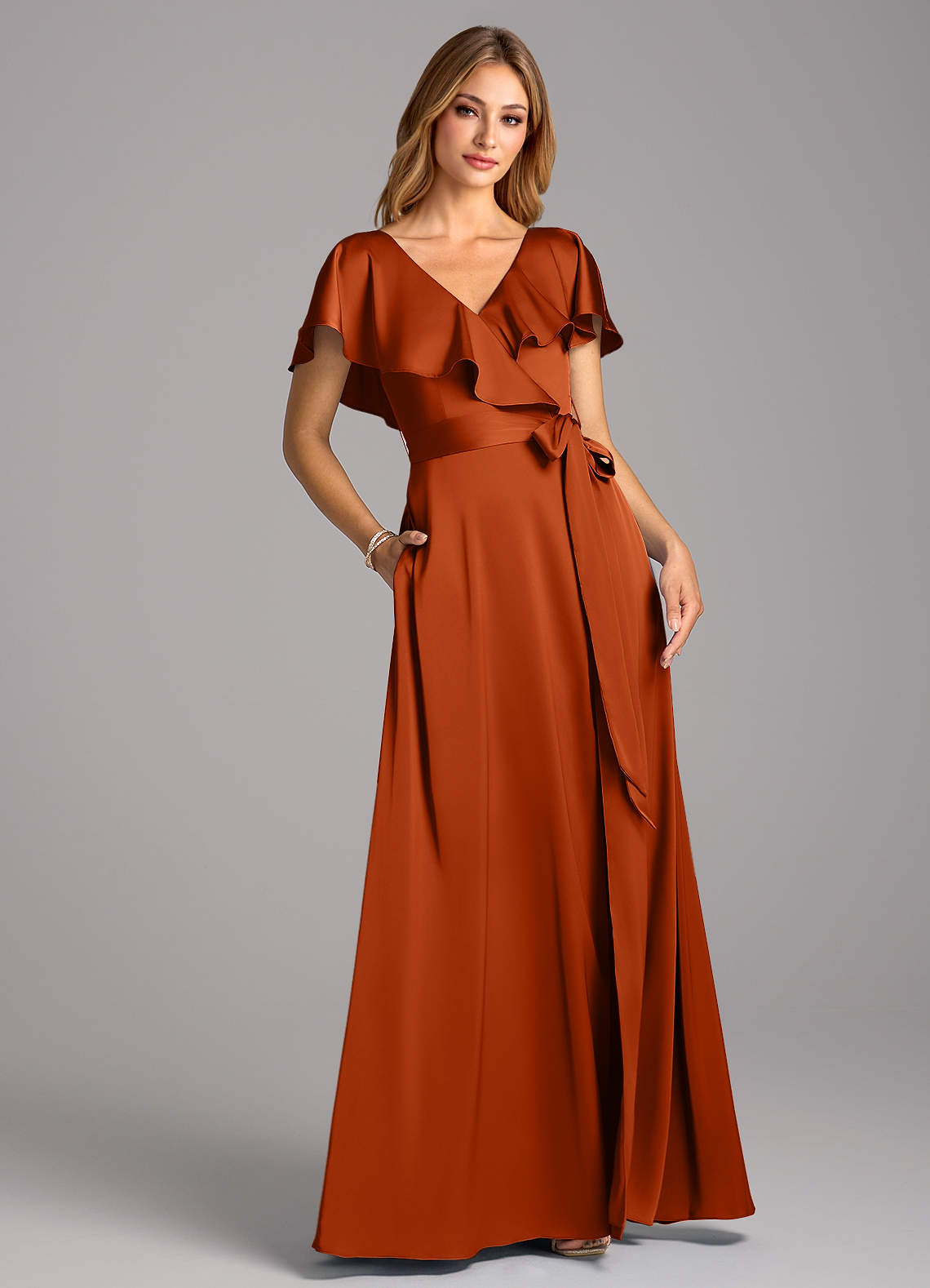 Azazie Lainey Bridesmaid Dresses Burnt Orange A-Line with Pockets Stretch Satin Dress image1