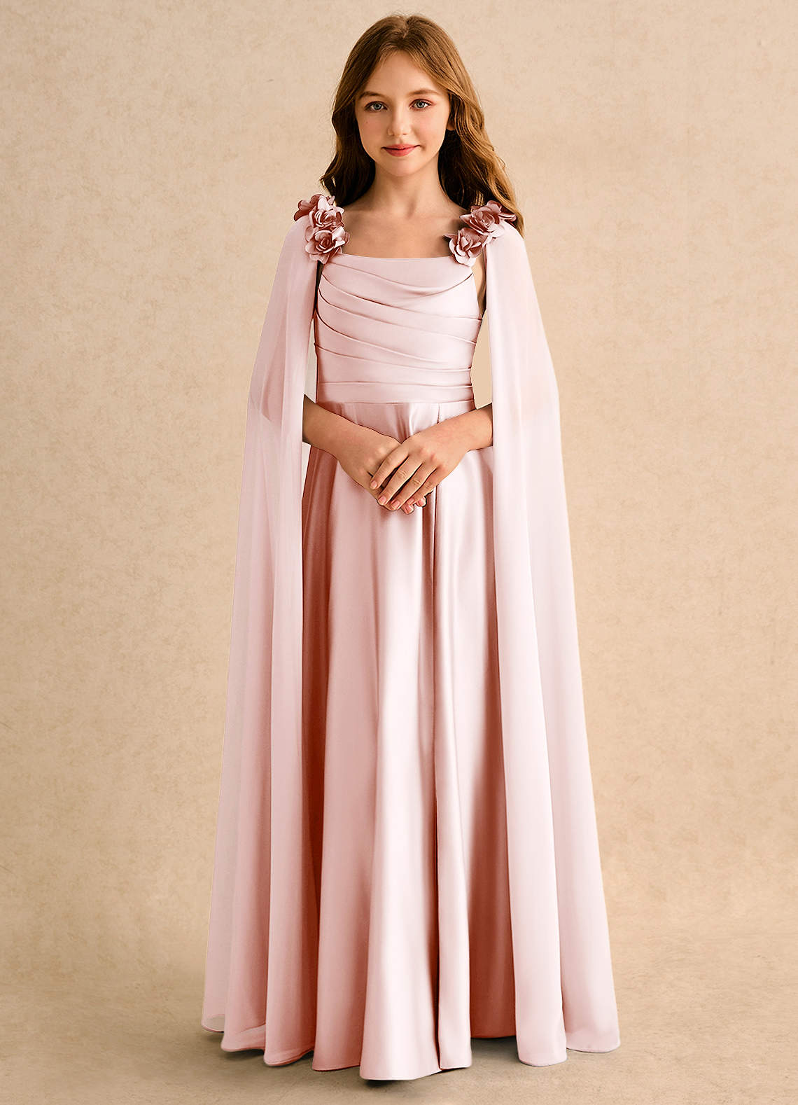 Azazie Rosita Junior Formal Flower Girl Dresses Blushing Pink A-Line Pleated Matte Satin Dress image4