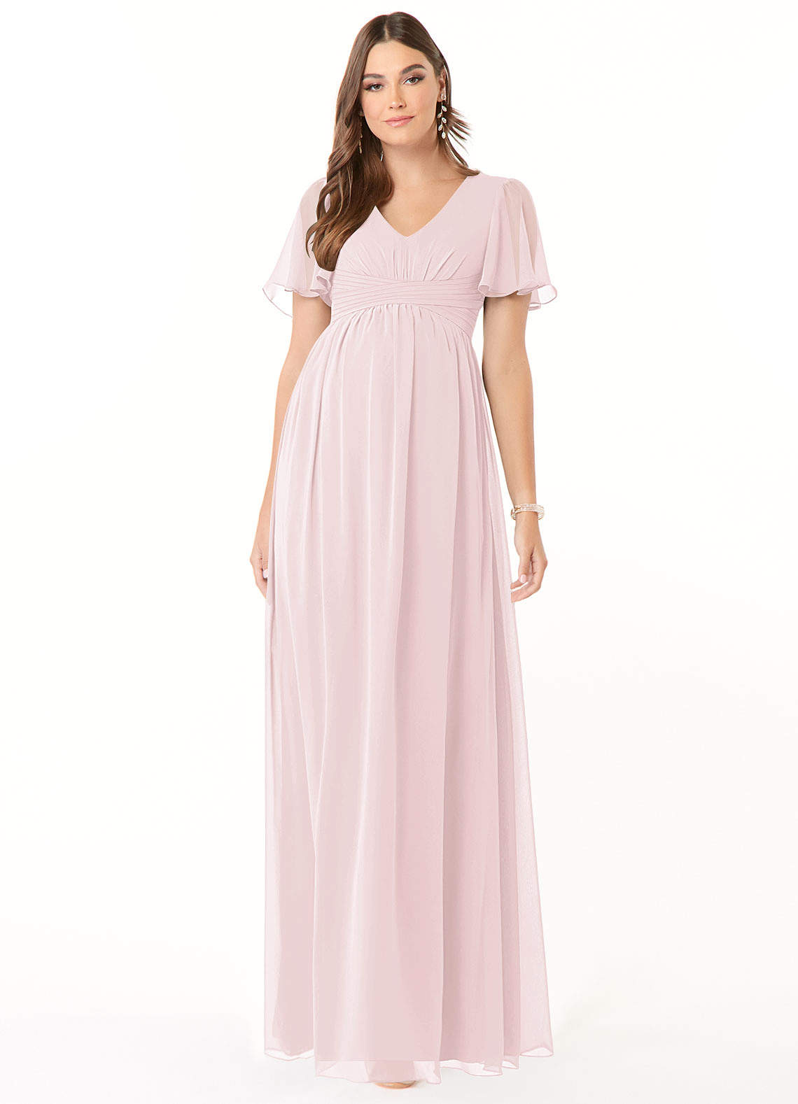 Azazie Verna Zwangerschaps Bruidsmeisjekleding A-Lijn V-hals Gerimpeld Chiffon Vloerlengte Jurk image1
