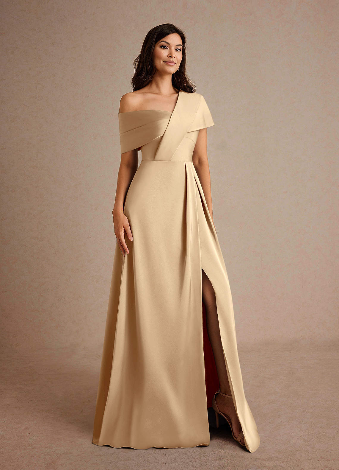 Azazie Milton Mother of the Bride Dresses Champagne A-Line Pleated Stretch Satin Dress image7