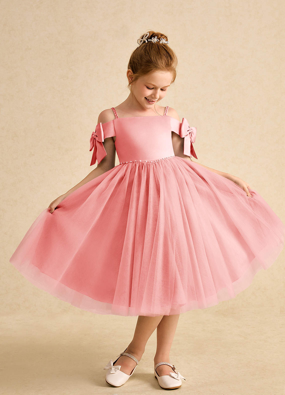 Azazie Amie Flower Girl Dresses Coral A-Line Off the Shoulder Matte Satin Dress image1