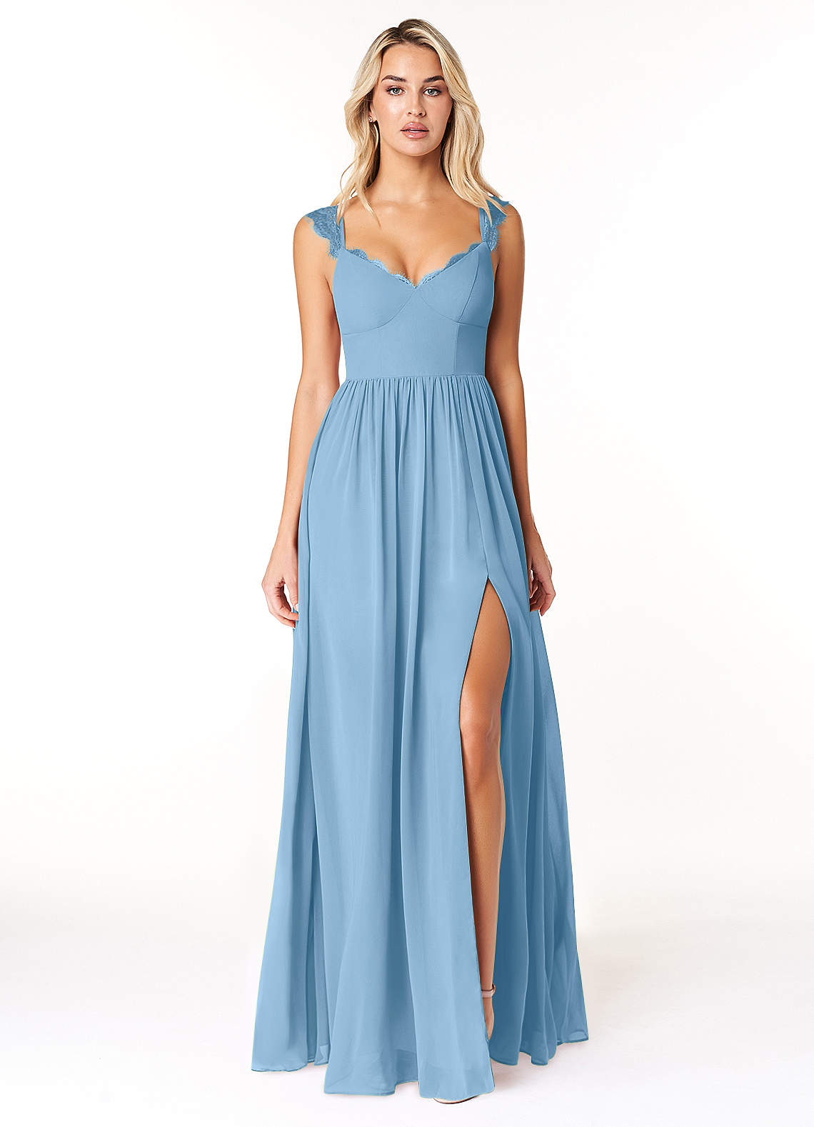 Azazie Cleobella Bridesmaid Dresses Steel Blue A-Line Sweetheart Lace Chiffon Dress image1