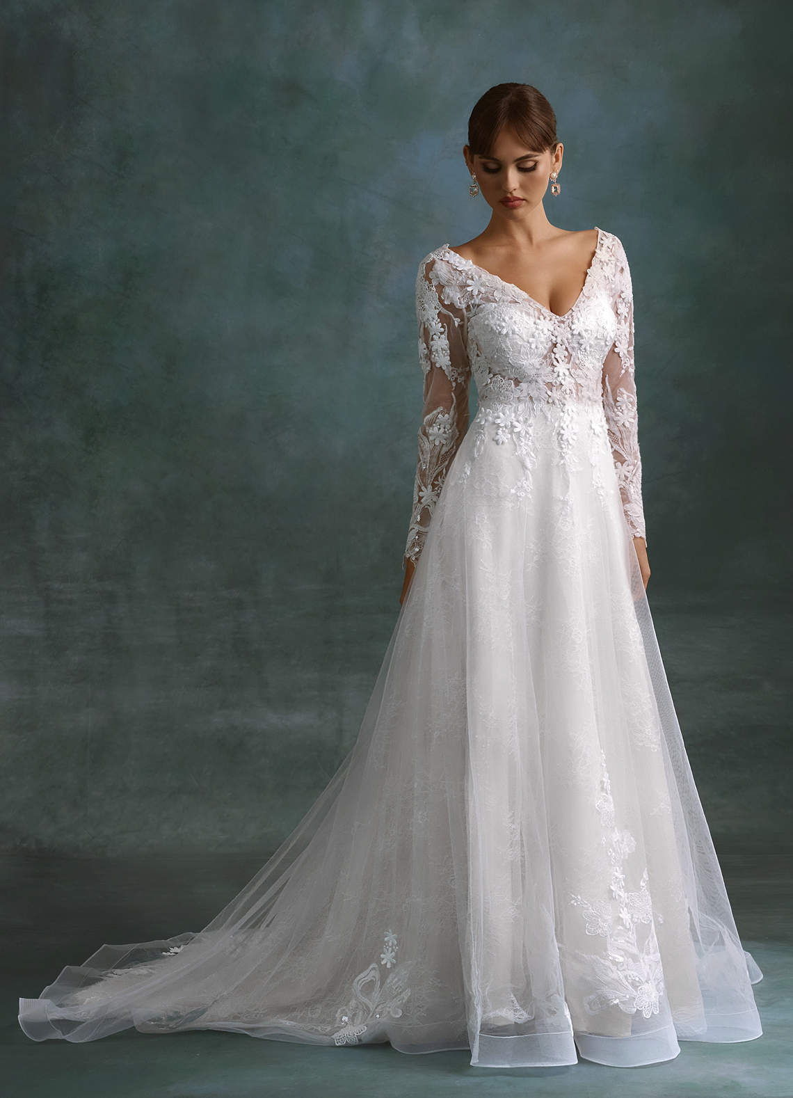 Azazie Leila Wedding Dresses Diamond White A-Line V-Neck Sequins Tulle Dress image2