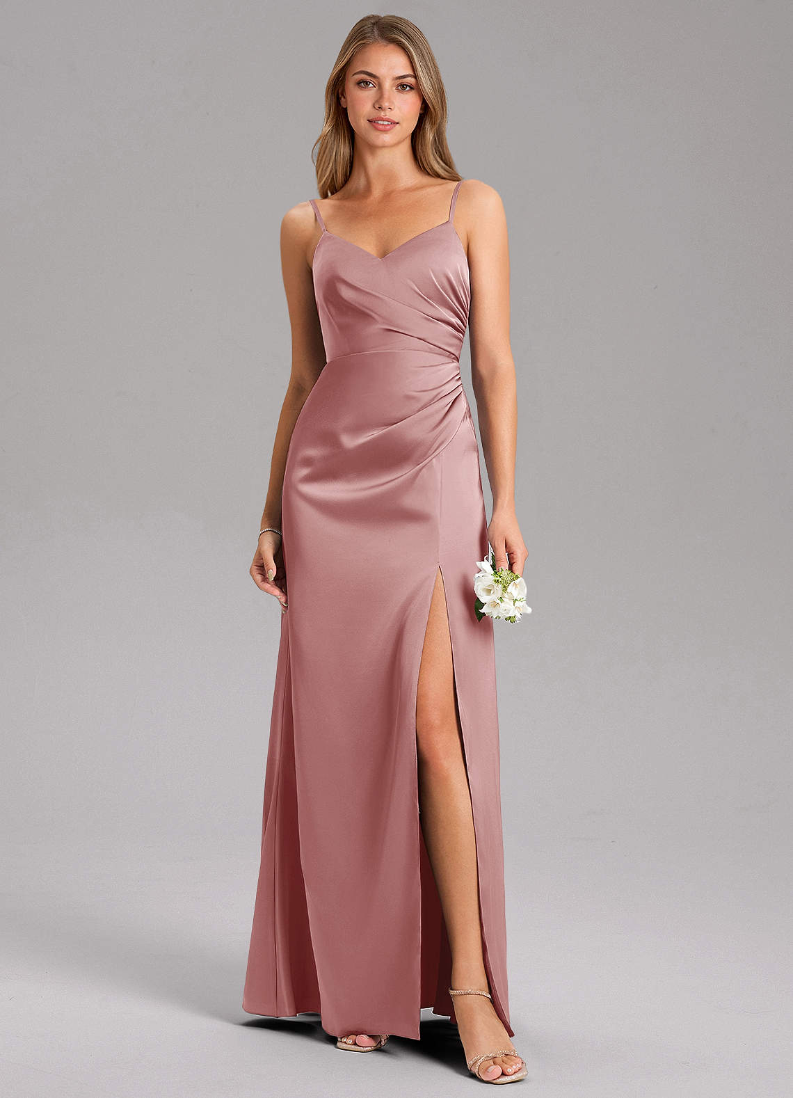 Dusty Rose Satin Dress Dusty Rose Plunging Neck 3/4 Sleeves Slit A-line  Prom Dress