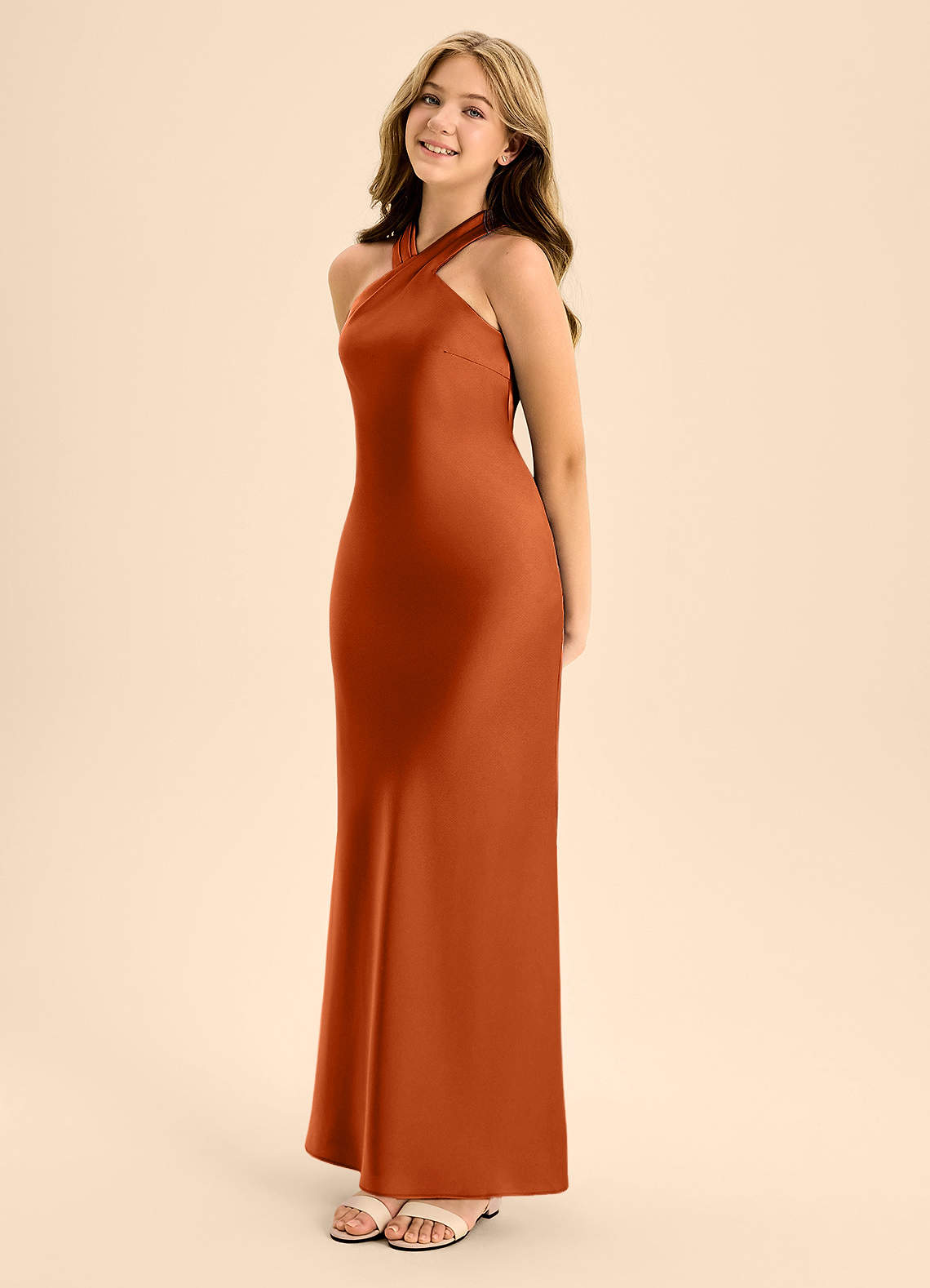 Azazie Doretta Junior Burnt Orange A-Line Pleated Stretch Satin Dress image2