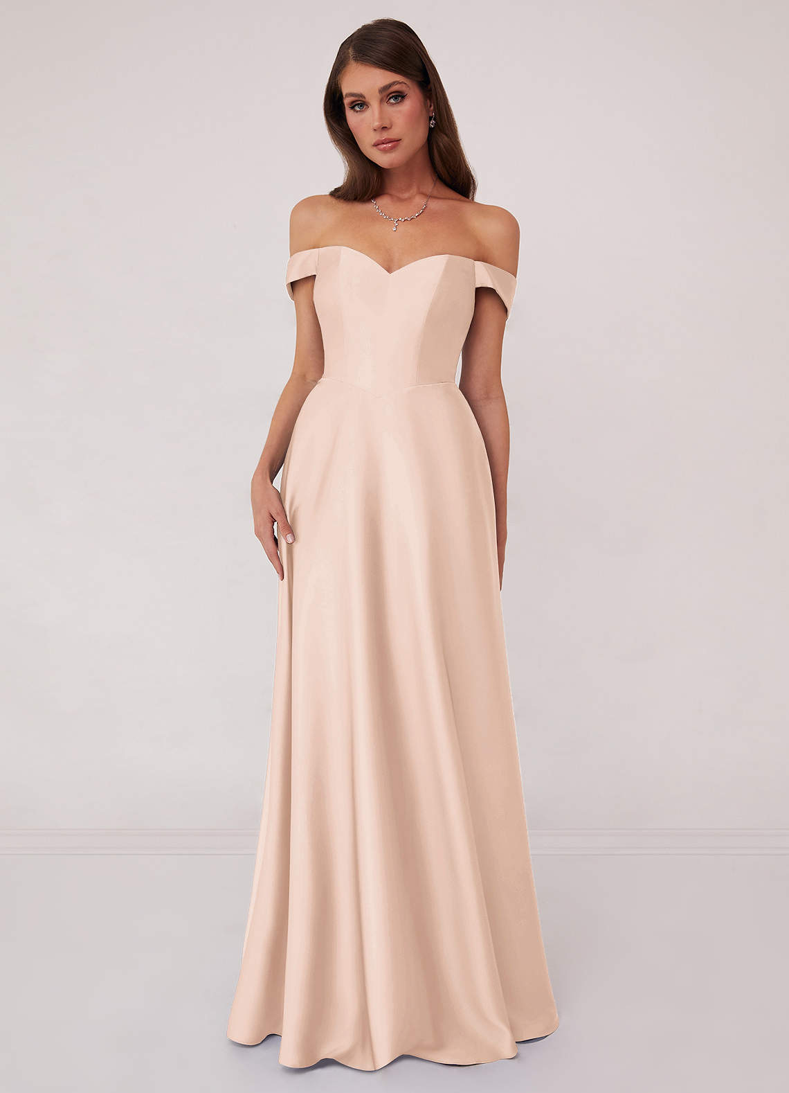 Barbie ♥ Azazie Bridesmaid Dresses Blushing Pink A-Line Off the Shoulder Stretch Satin Convertible Dress image1