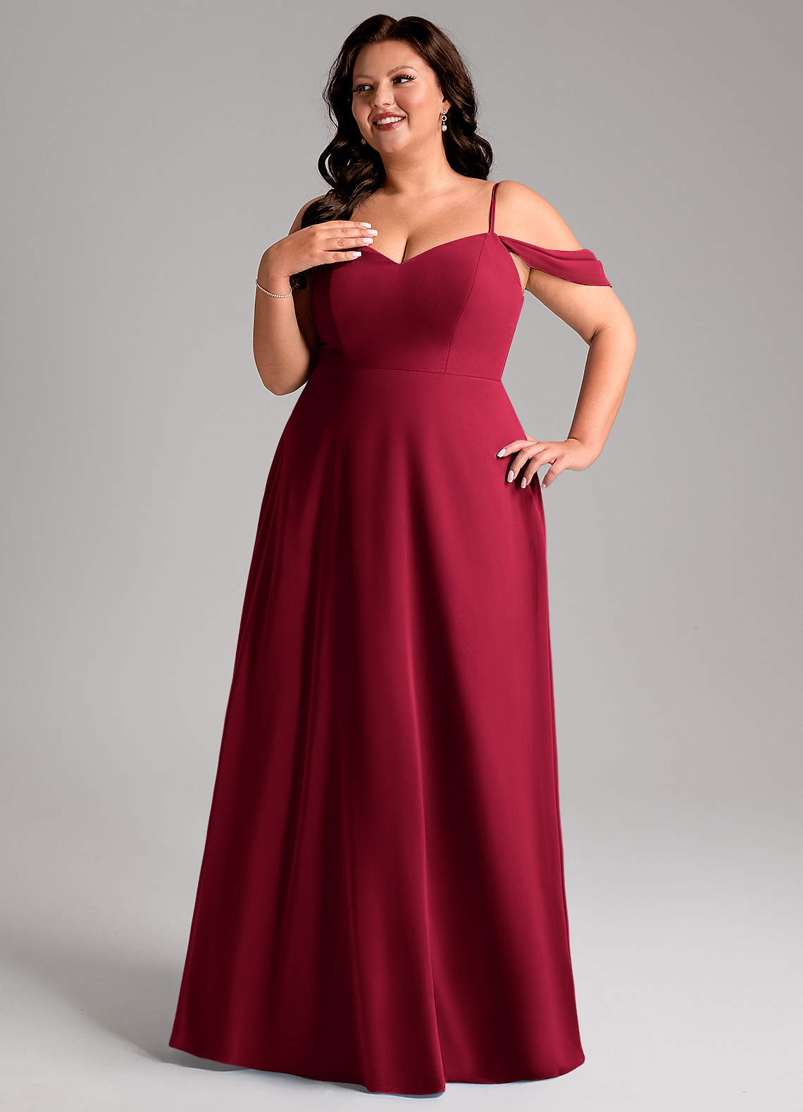 Azazie Marley At-home Try On Dresses Burgundy A-Line Off the Shoulder Chiffon Convertible Dress image13