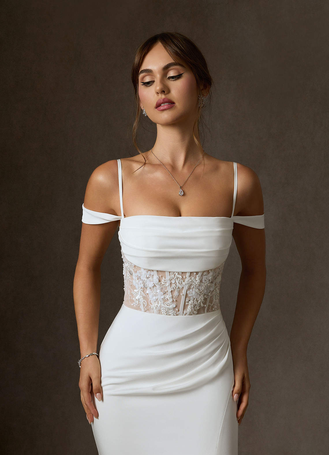 Azazie Alyce Wedding Dresses Diamond White Nude Mermaid Off the Shoulder Crepe Back Satin Dress image3