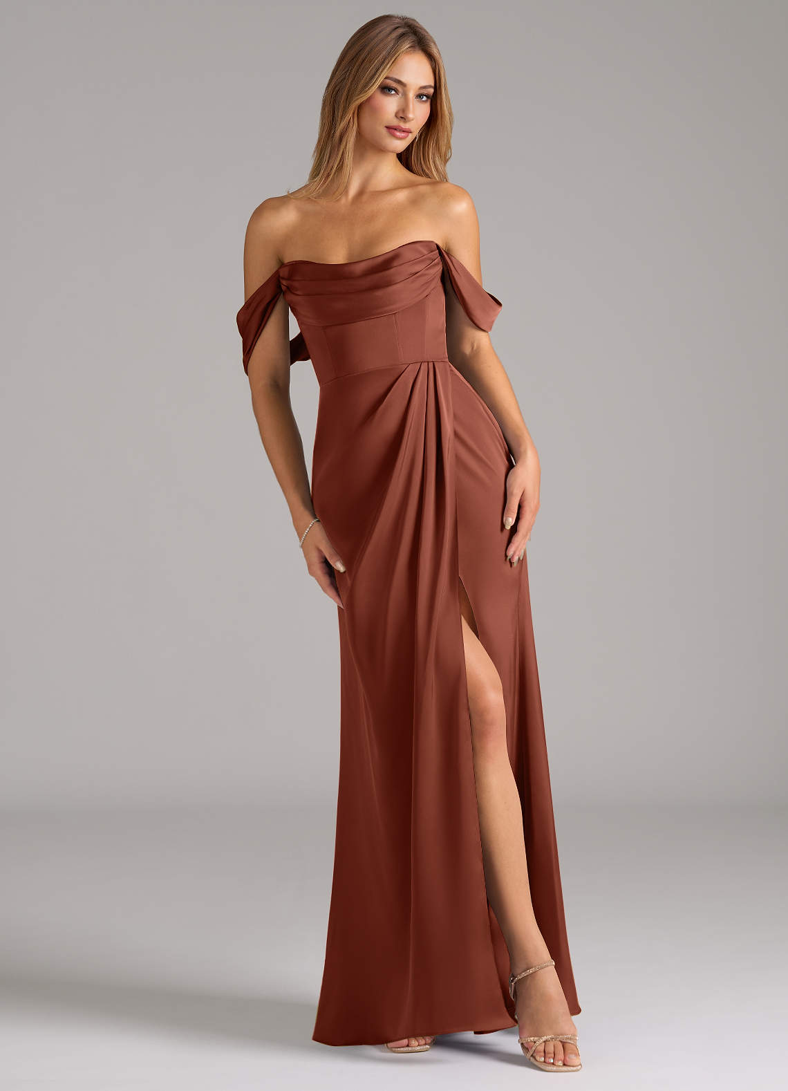 Azazie Johana Bridesmaid Dresses Clay Mermaid Off the Shoulder Stretch Satin Convertible Dress image1