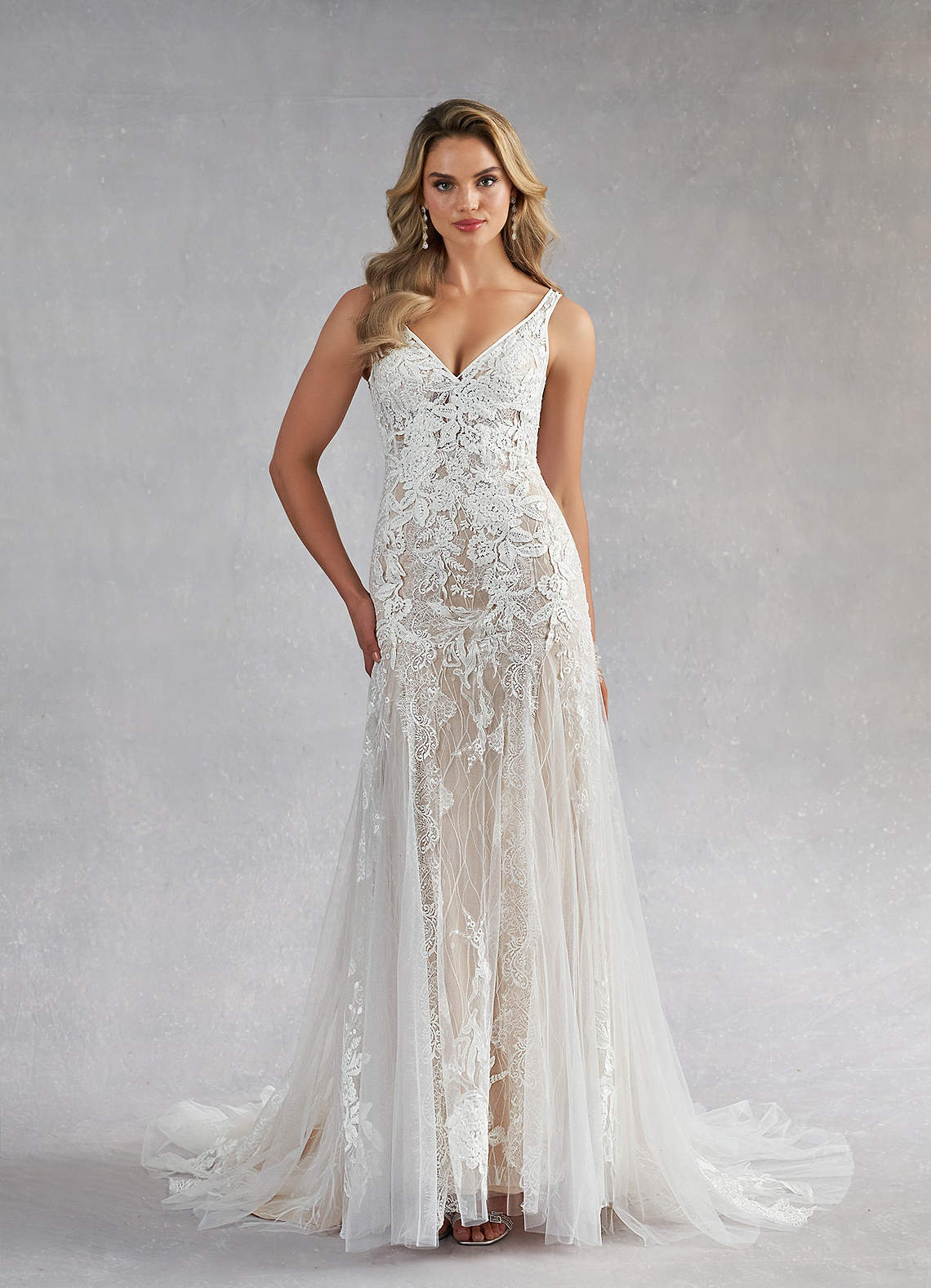 Azazie Konstantin Wedding Dresses Diamond White Nude Mermaid Sequins Tulle Dress image1