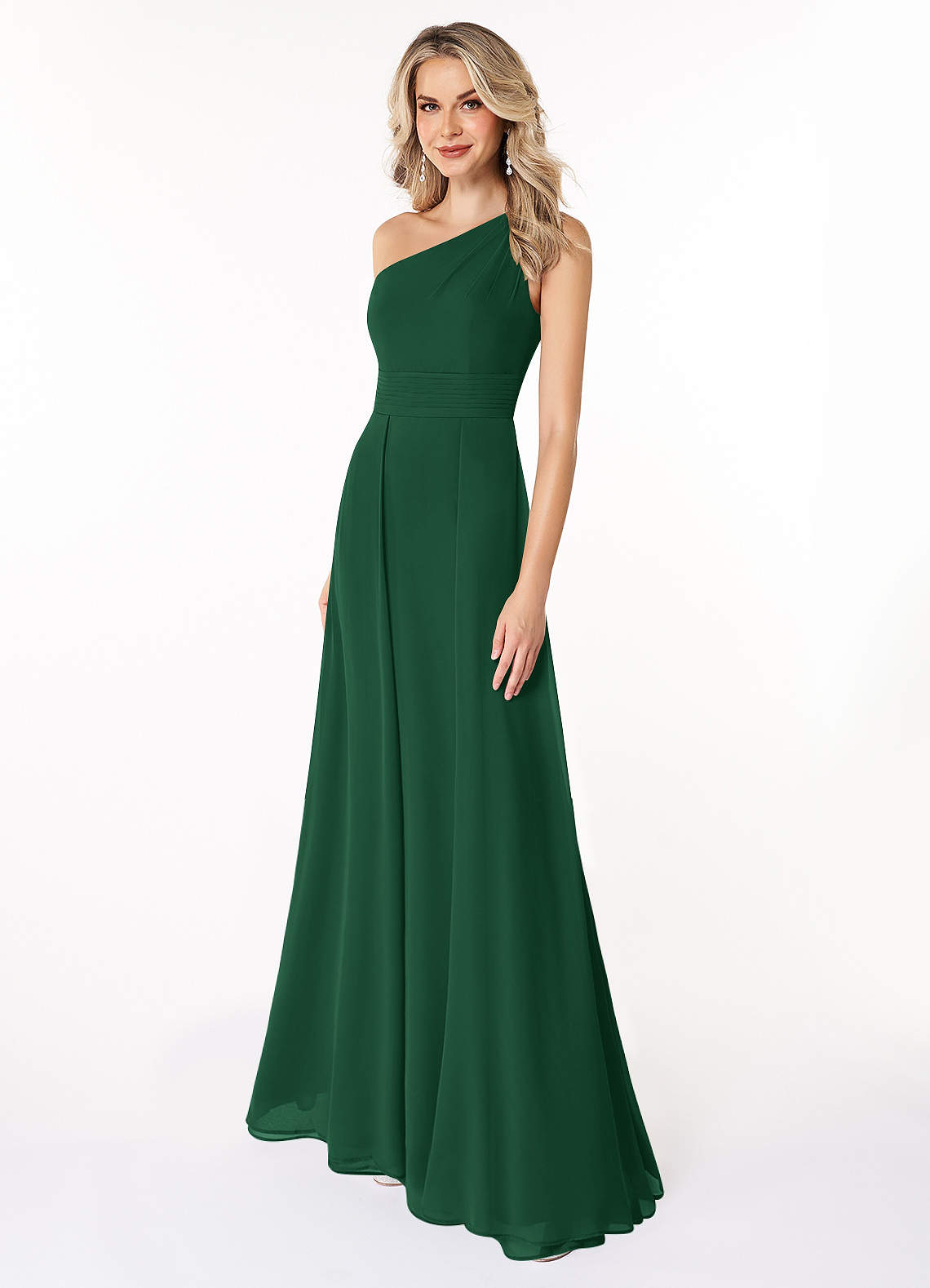 Azazie Plus Size A-Line One-Shoulder Floor-Length Chiffon Bridesmaid Dresses - Dark Green