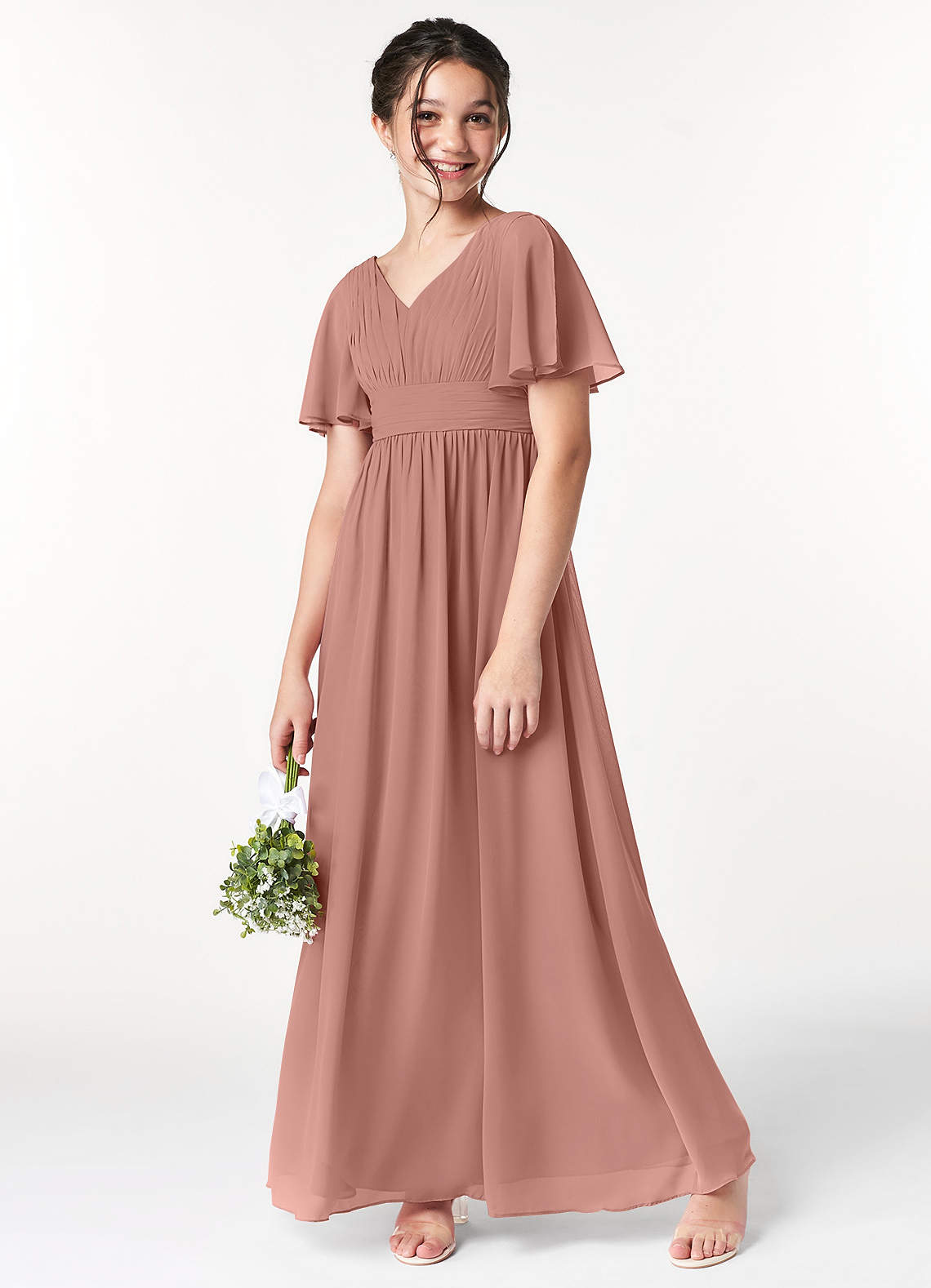 Azazie Temeka Junior Cedar Rose A-Line Pleated Chiffon Dress image1