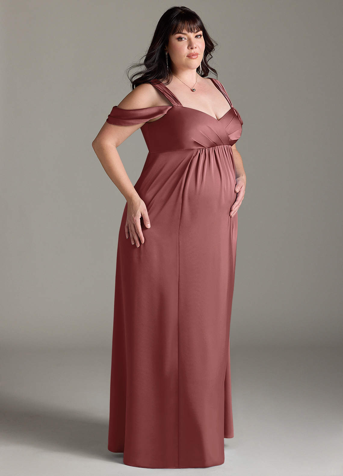 Azazie Rhea At-home Try On Dresses A-Line Off-The-Shouler Pleated Stretch Satin Floor-Length Dress image9