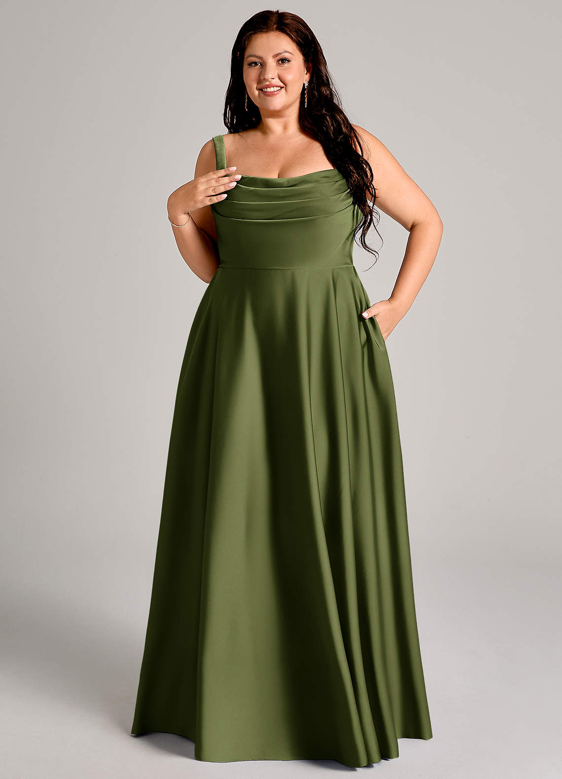 Azazie Shaude Bridesmaid Dresses Olive A-Line Pleated Stretch Satin Dress image10