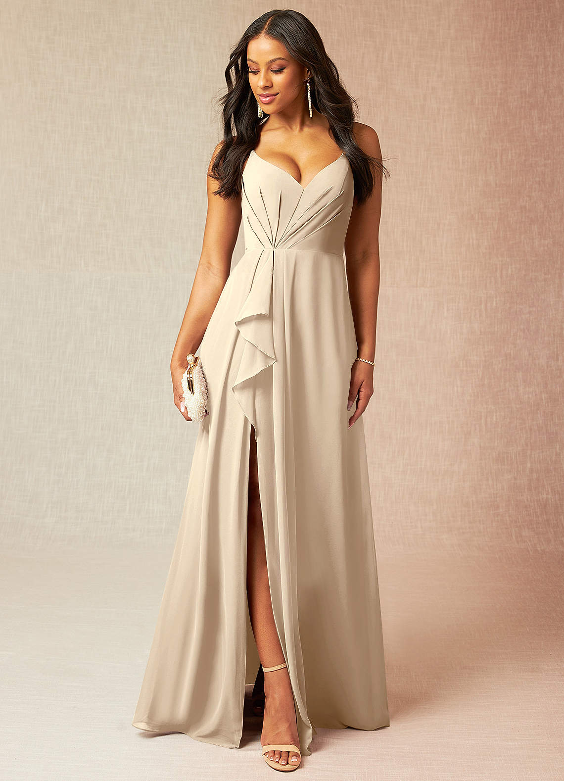 Azazie Kyedae Bridesmaid Dresses Champagne A-Line V-Neck Pleated Chiffon Dress image1