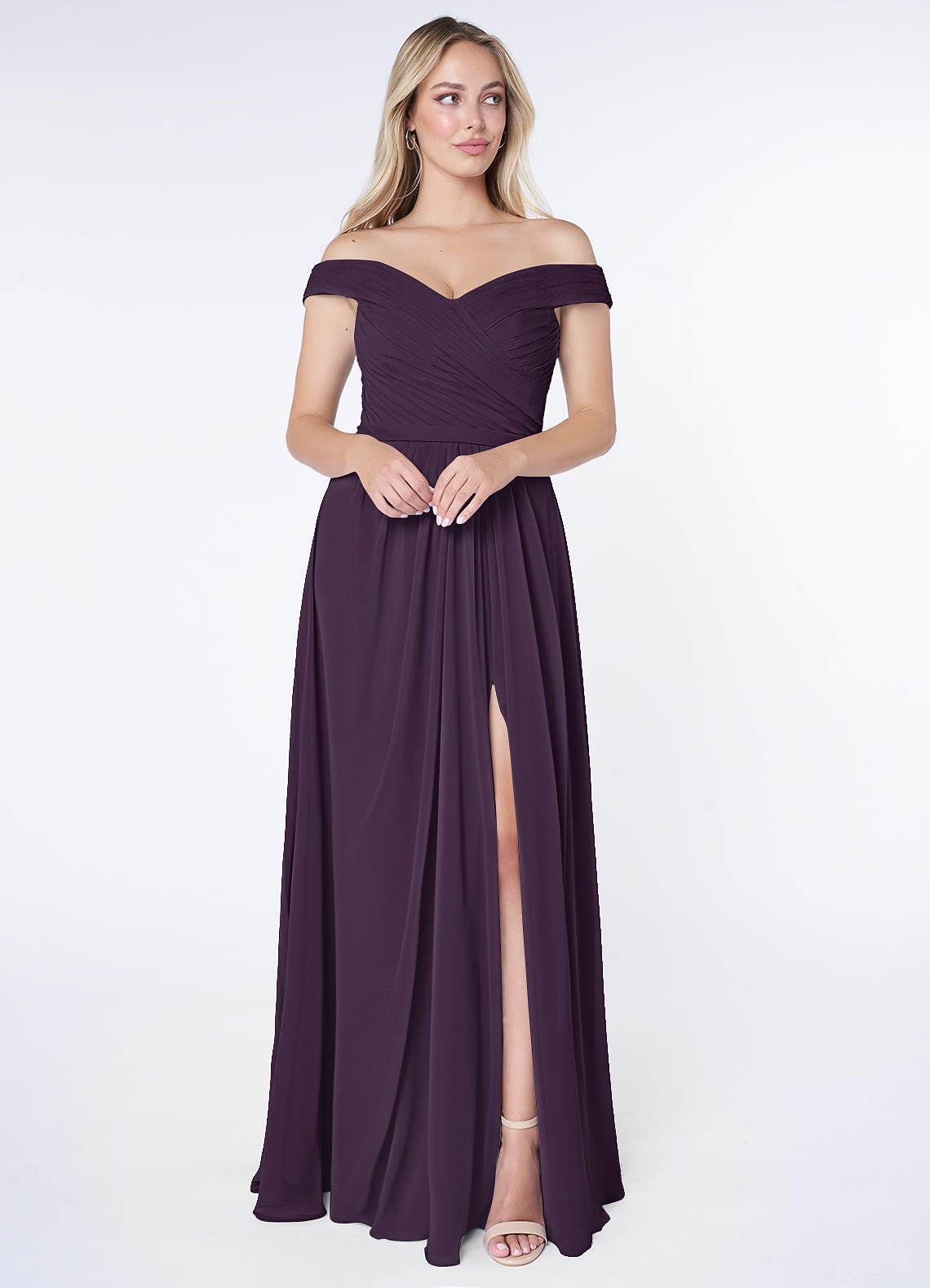 Azazie Audrianna Bridesmaid Dresses Plum A-Line Off-The-Shoulder Gathered Chiffon Convertible Dress image1