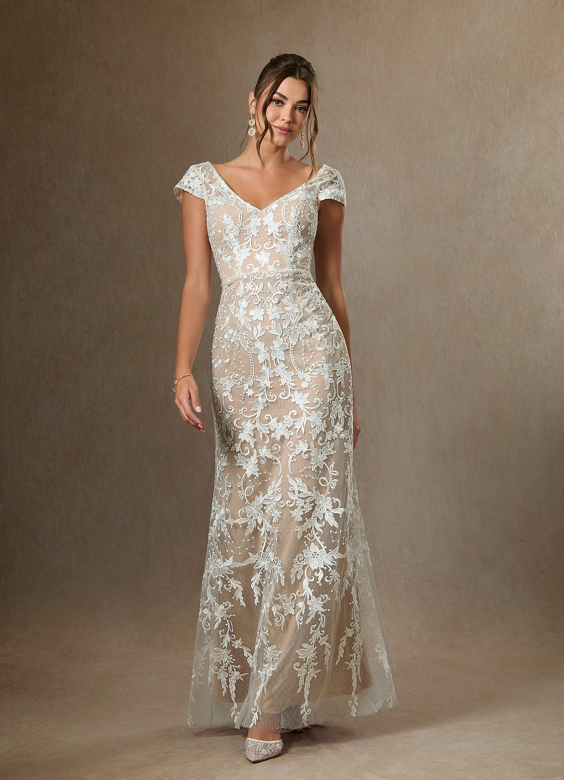 Azazie Devonna Wedding Dresses Diamond White Nude Sheath V-Neck Sequins Lace Dress image1