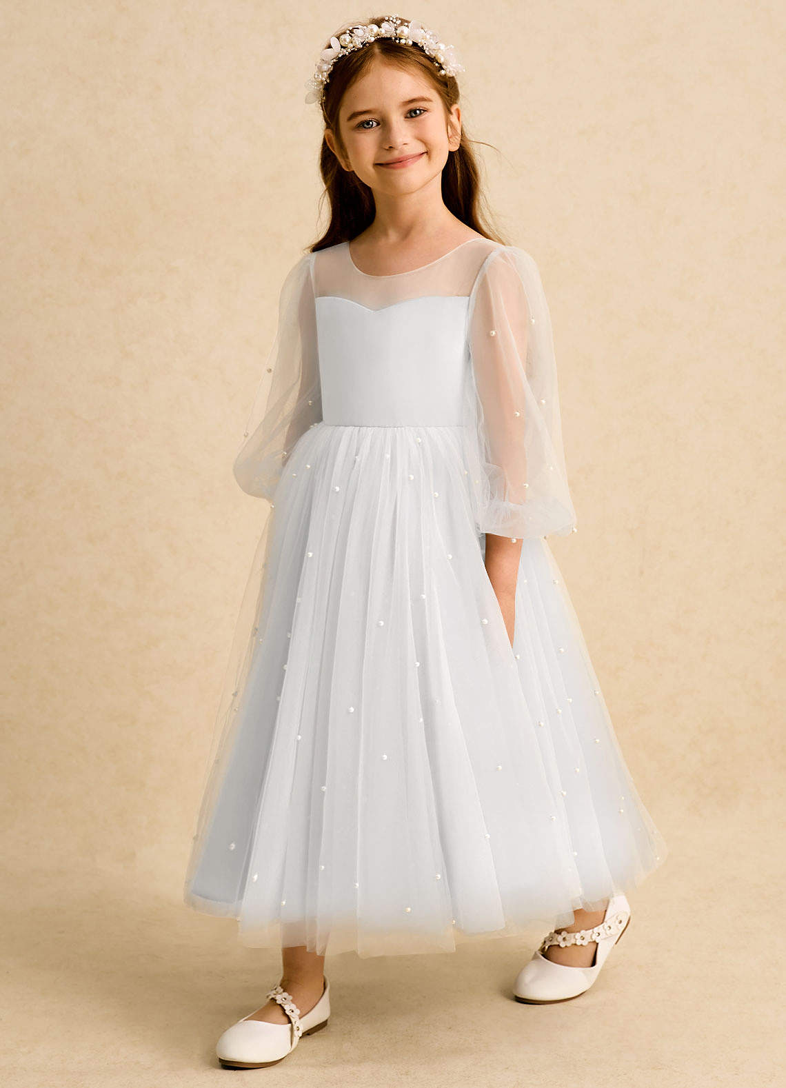 Azazie Trudy vestidos de niña de las flores Vestido de Blanco de Tul de Corte Princesa con Escote de Corazón image3