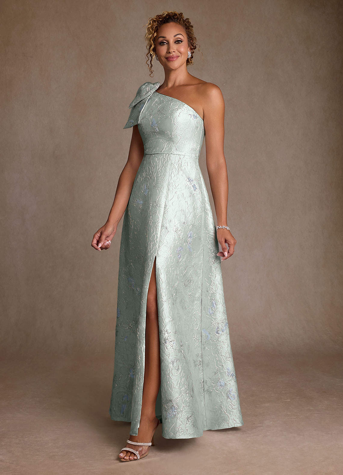 Azazie Margerie Agave Jacquard A-Line One Shoulder Floral Jacquard