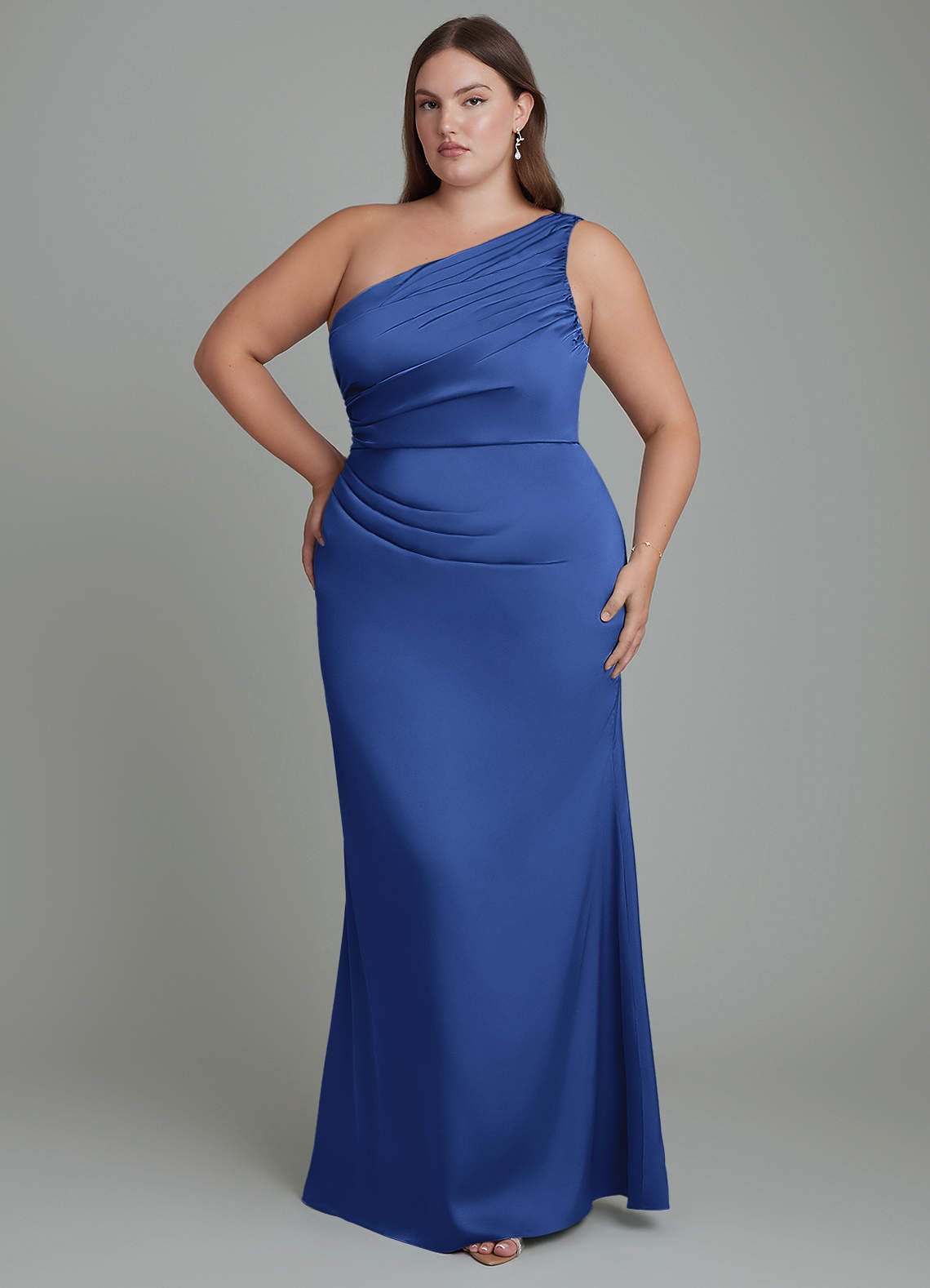 Azazie Akilah Jurken voor bruidsmeisjes Jurk van Stretch Satijn met Zeemeermin One-shoulder Koningsblauw image1
