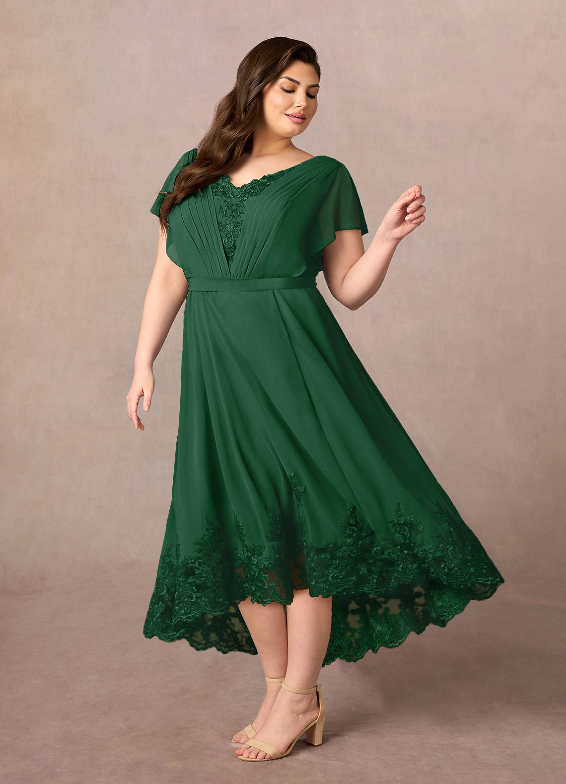 chinese dress ladies Plus Size V-Neck Short Sleeve Pleated Lace Evening Dress