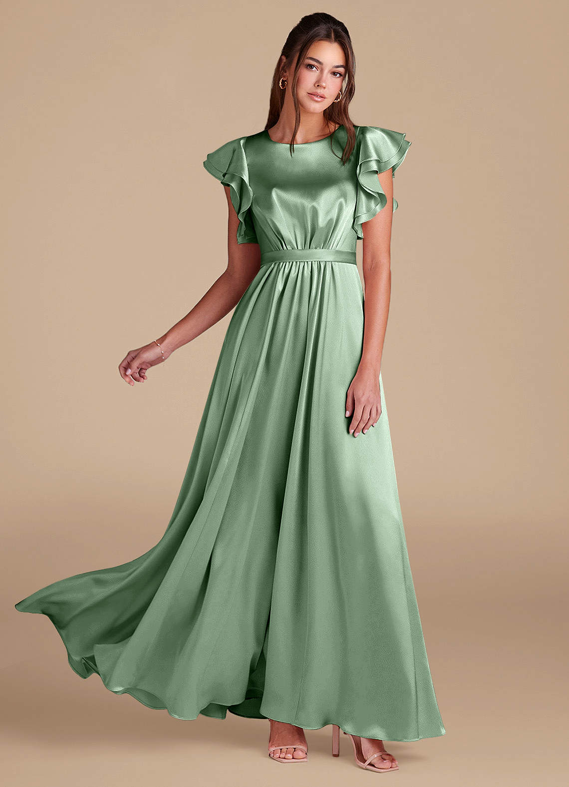 Azazie Daphne Abiti da damigella modesti Abito A-Line Increspato Raso Metallizzato Floor-Length image1