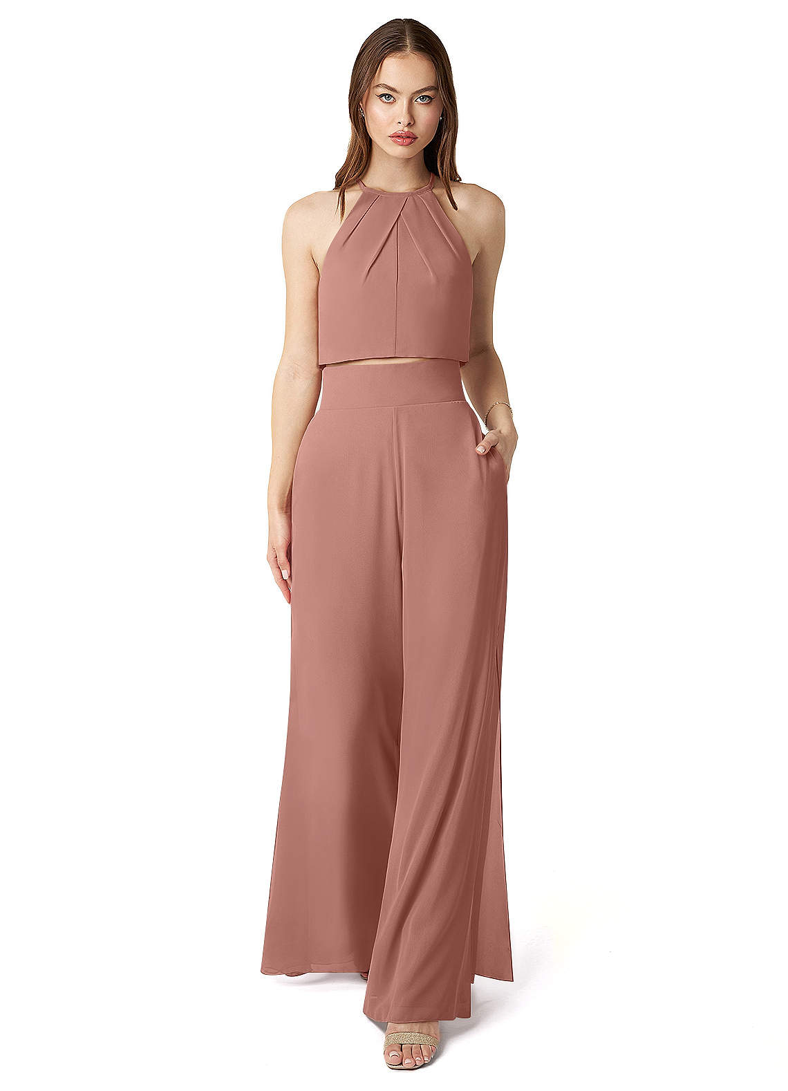 Azazie Kenzi Abiti da Damigella Tuta in Chiffon Plissettato Cedro Rosa image1