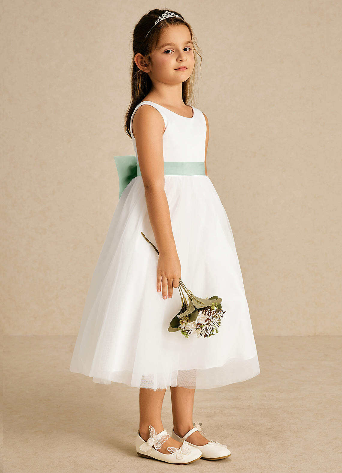 Azazie Kavi Flower Girl Dresses Ivory Agave A-Line Bow Matte Satin Dress image3