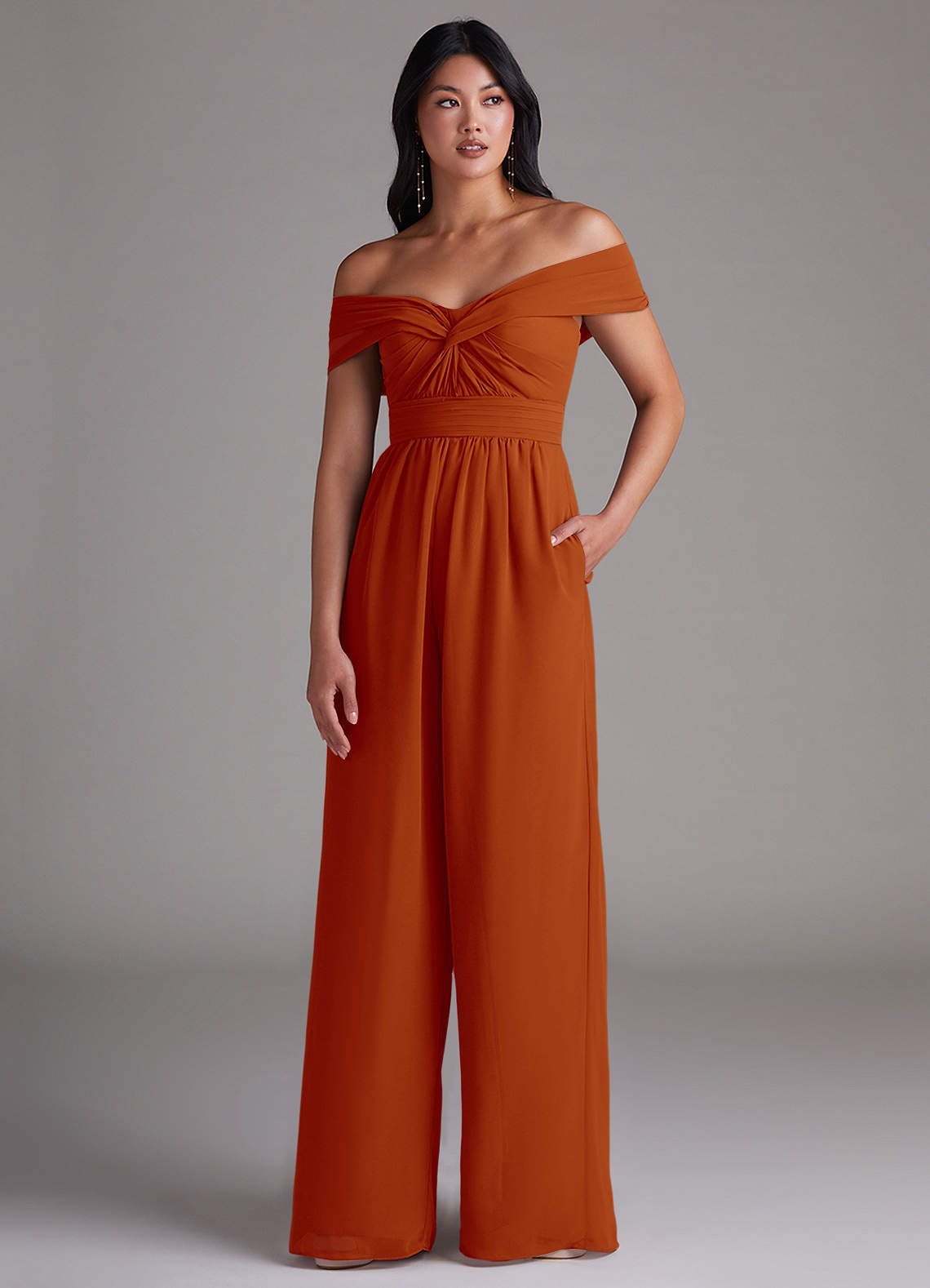 Azazie Lamara Bridesmaid Dresses Paprika Off the Shoulder Chiffon Convertible Jumpsuit image1