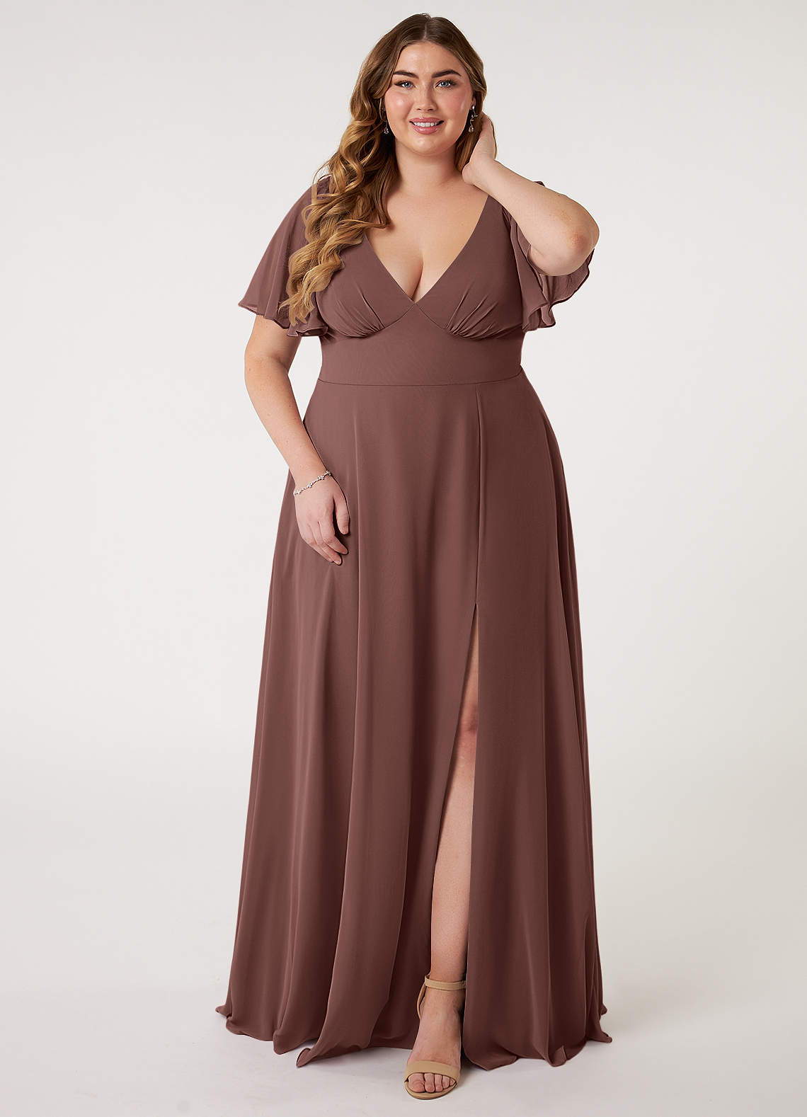 Azazie Kimber Bridesmaid Dresses Espresso A-Line Flounce Sleeve Chiffon Dress image1
