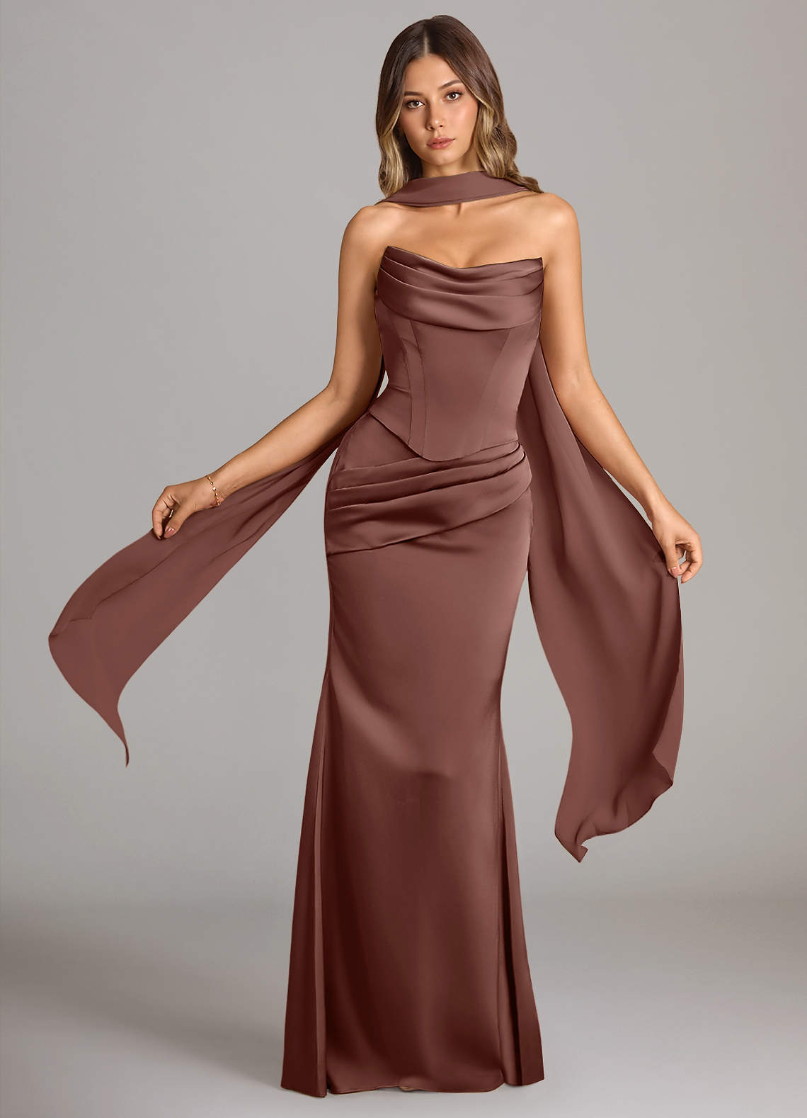 Azazie Sorrel Bridesmaid Dresses Espresso Mermaid Strapless Stretch Satin Convertible Dress image1