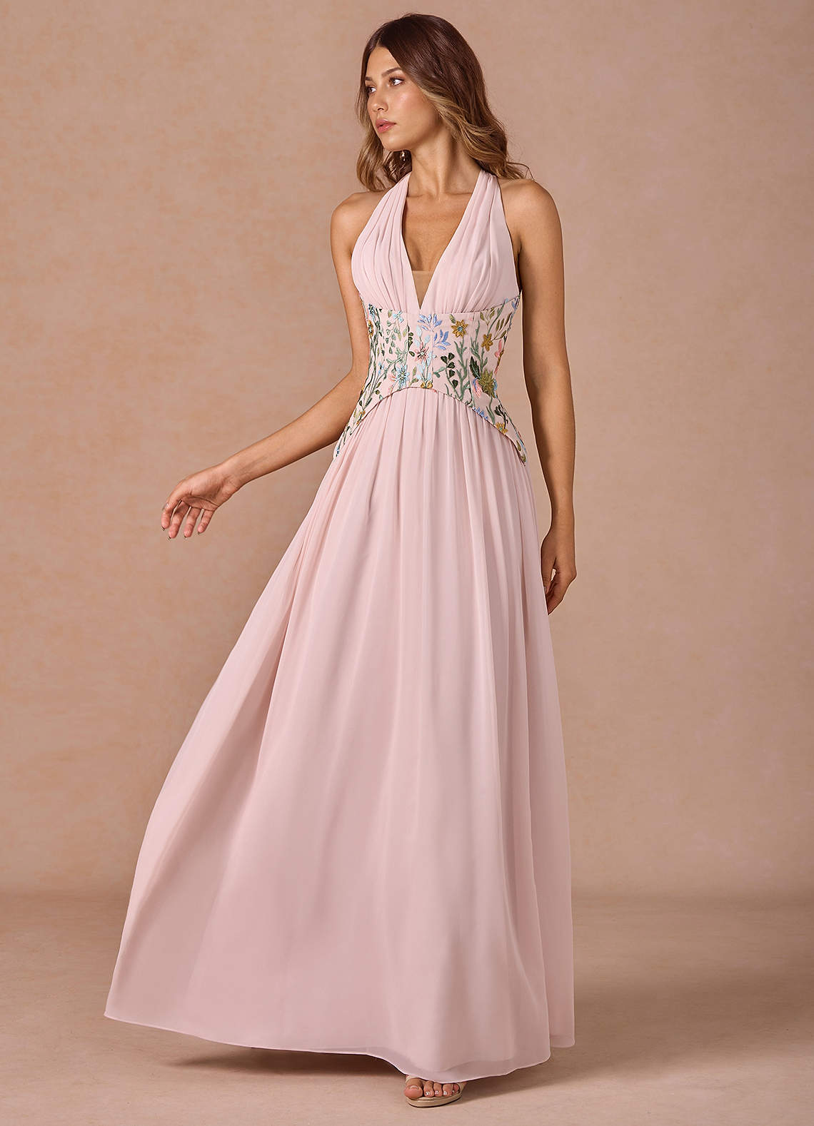 Azazie Plus Size Maxi Dresses A-Line Formal Dresses Halter Embroidery Blush Pink Multi
