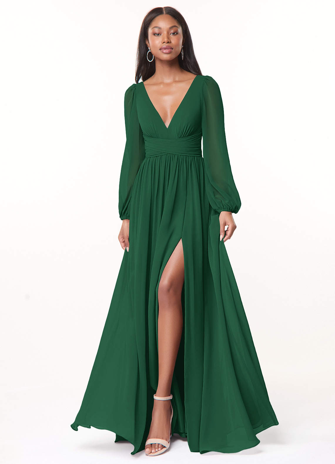 Azazie Norah Bridesmaid Dresses Dark Green A-Line V-Neck Long Sleeve Chiffon Dress image1