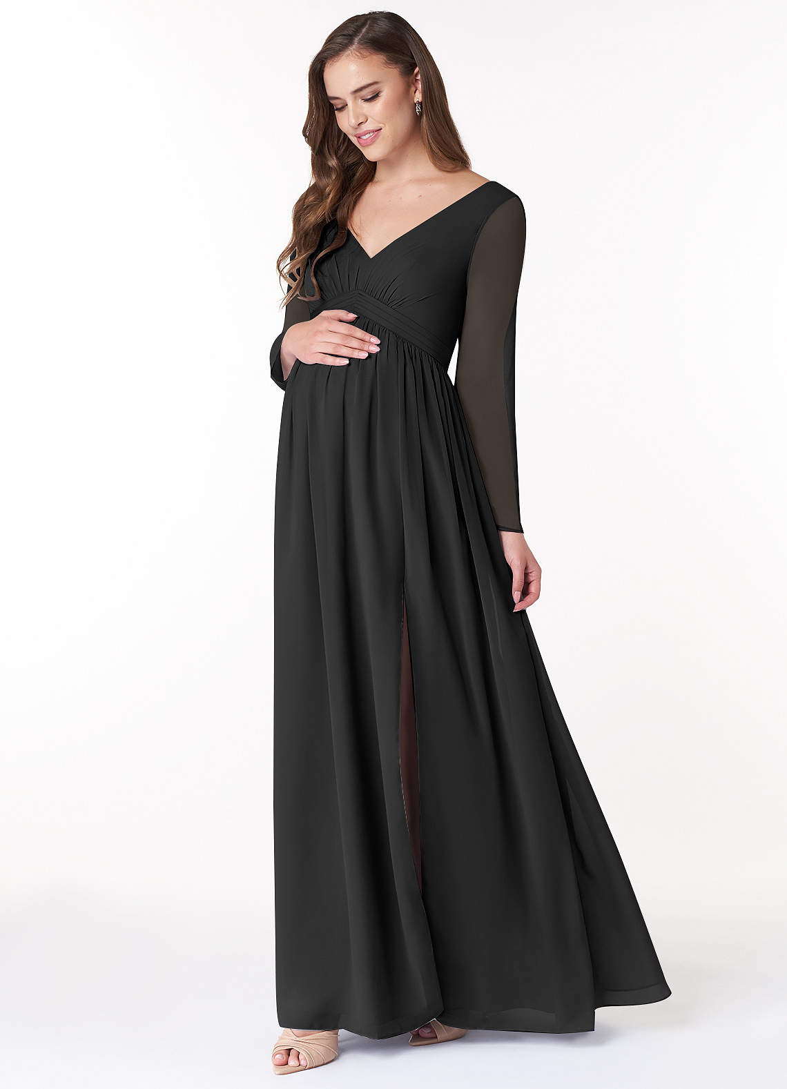 Azazie Teton Vestidos de dama de honra para maternidade Vestido Linha A Manga comprida Comprimento do chão Chiffon image2